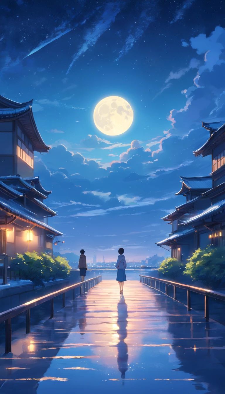 Moonlit Alafis with a bridge and a couple, a picture inspired by Zhu Derun, trending on pixabay, romanticism lain, holding hands in the moonlight, moonlight snowing, illustration!, Moonlight snow, boy girl traditional romance, xianxia fantasy, Chinese fantasy, beautiful moonlight night, background-image, Chinese style, moonlit night dreamy atmosphere