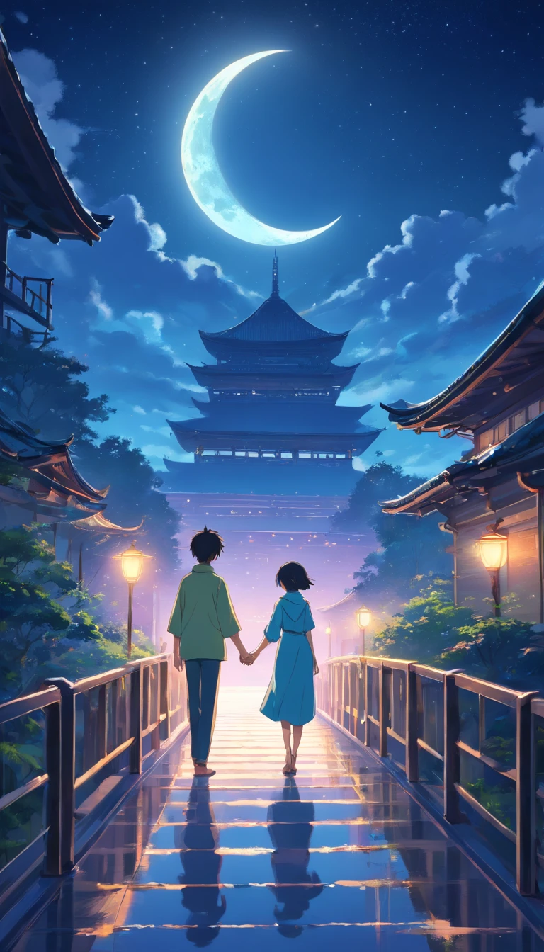 Moonlit Alafis with a bridge and a couple, a picture inspired by Zhu Derun, trending on pixabay, romanticism lain, holding hands in the moonlight, moonlight snowing, illustration!, Moonlight snow, boy girl traditional romance, xianxia fantasy, Chinese fantasy, beautiful moonlight night, background-image, Chinese style, moonlit night dreamy atmosphere