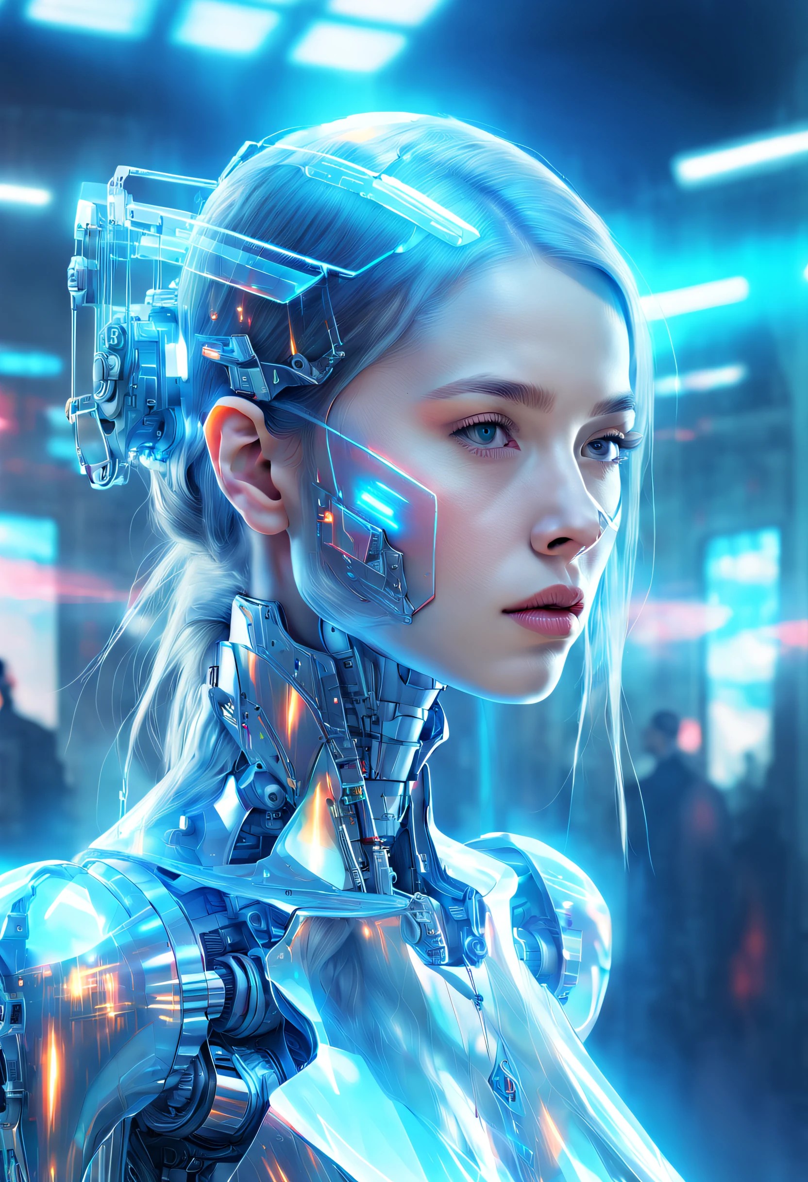 mecha-girl，Futuristic virtual holographic digital image background，（Doubleexposure：1.8），Complex illustrations in surrealist art style，Surreal dreams，Incognito as a virtual hologram person，Transparent people，Virtual holographic digital image