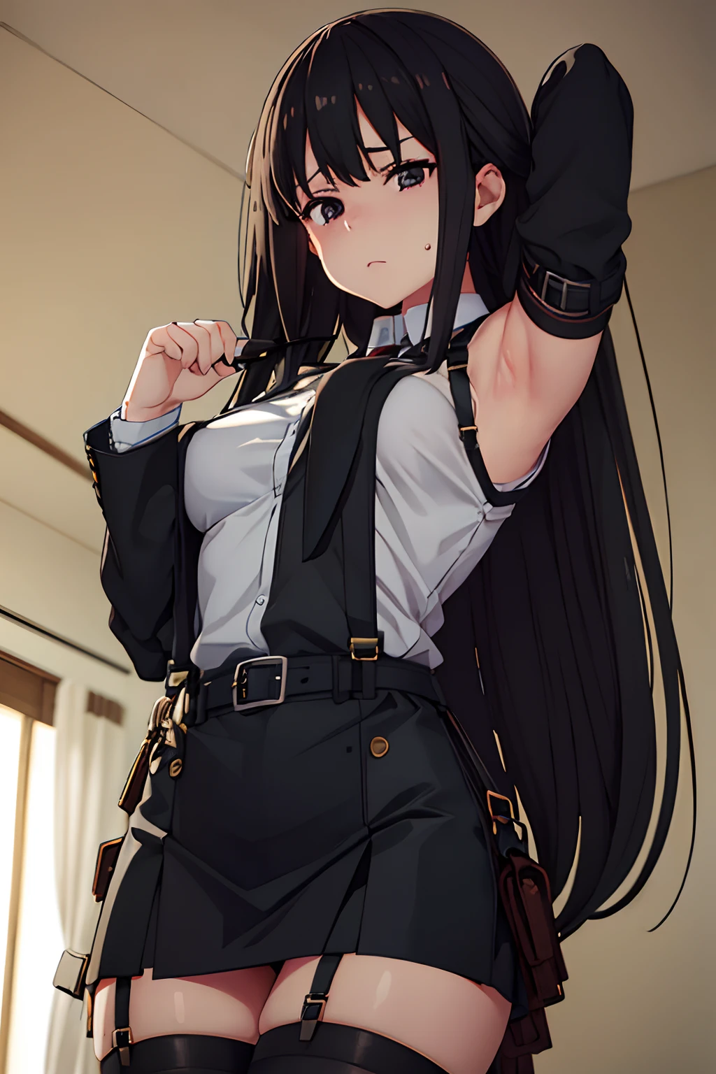 ,Belt bag,Suspenders Black Miniskirt garterbelts knee high Stockings Black Niso Colorcon armpit sweat perspiring Side of both hands,Black jacket,Gaze,ample bosom,Armpit sweat,Exposing the armpits"Tight clothes、Cuffed、wristbands Lie on the bed with your hands up