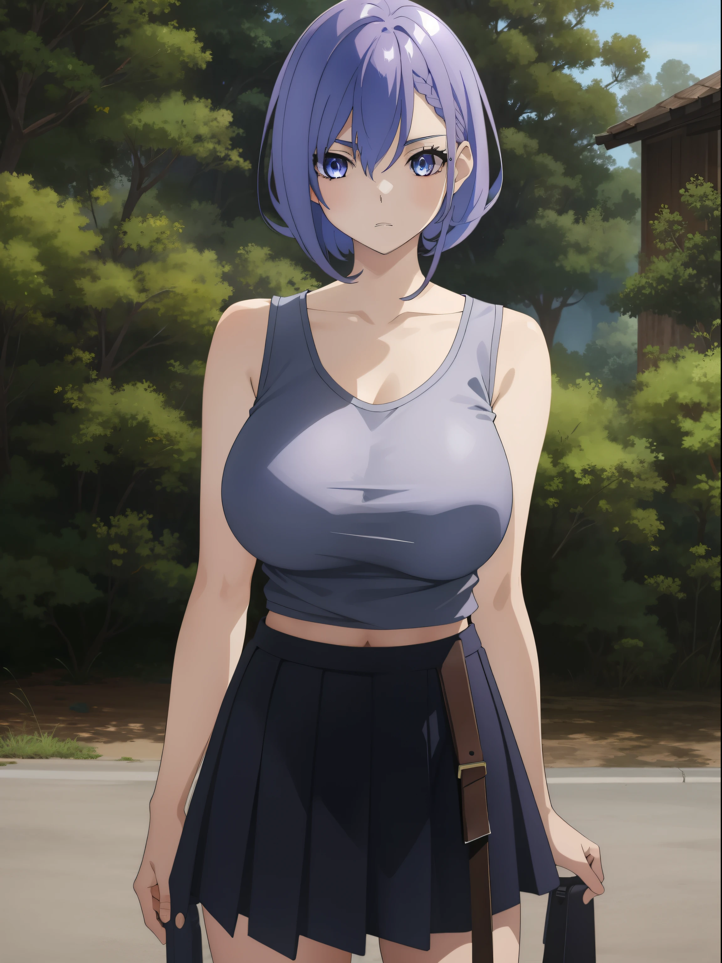 luna,1girl,solo,short hair, purple hair, blue eyes, medium breasts , Standing tall pose ,Knit tank top, high-waisted shorts, espadrilles , A-line skirt , Street, cowboy shot, beautiful, huge breast,