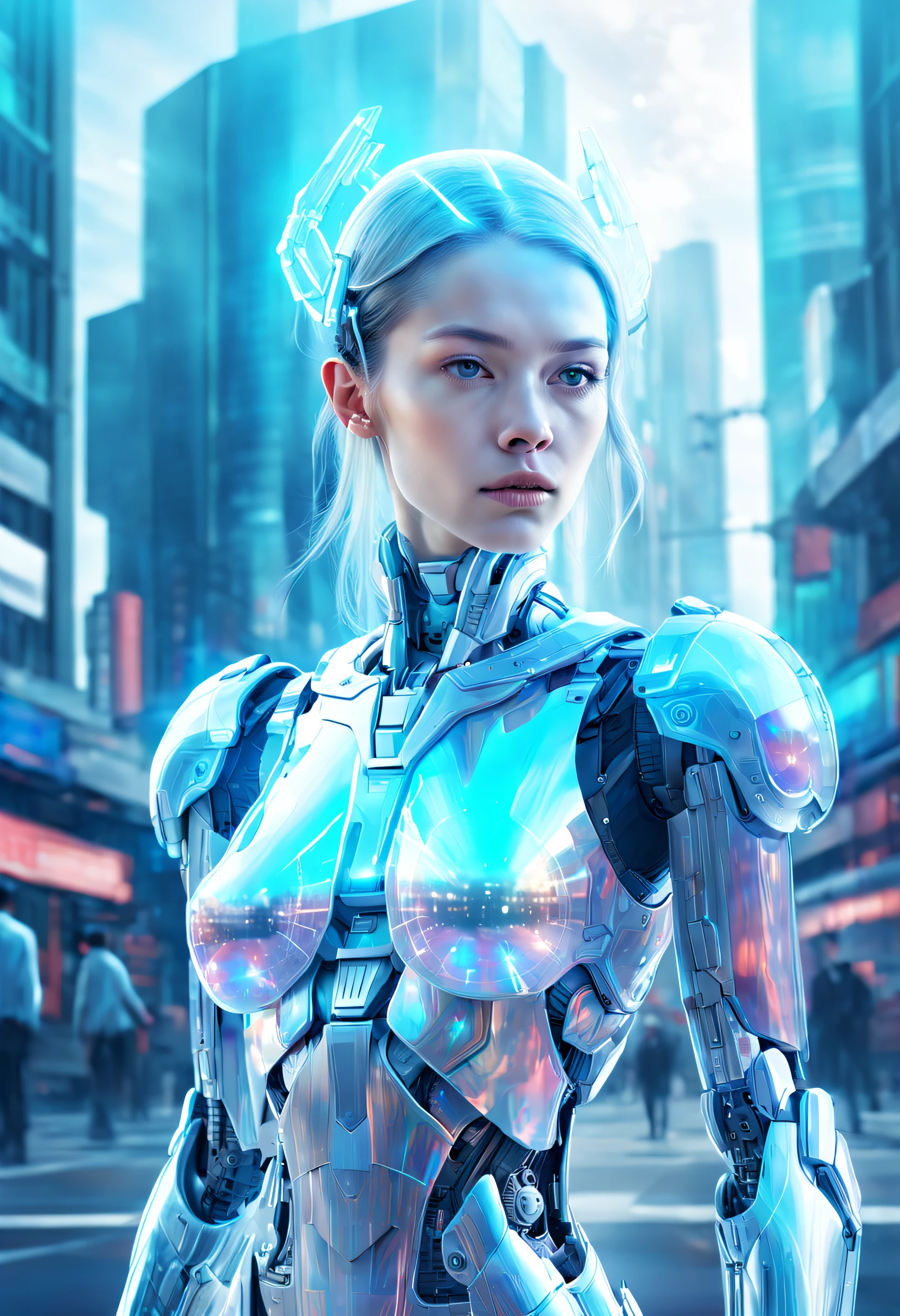 mecha-girl,Futuristic virtual holographic digital image background,(Doubleexposure:1.8),Complex illustrations in surrealist art style,Surreal dreams,Incognito as a virtual hologram person,Transparent people,Virtual holographic digital image