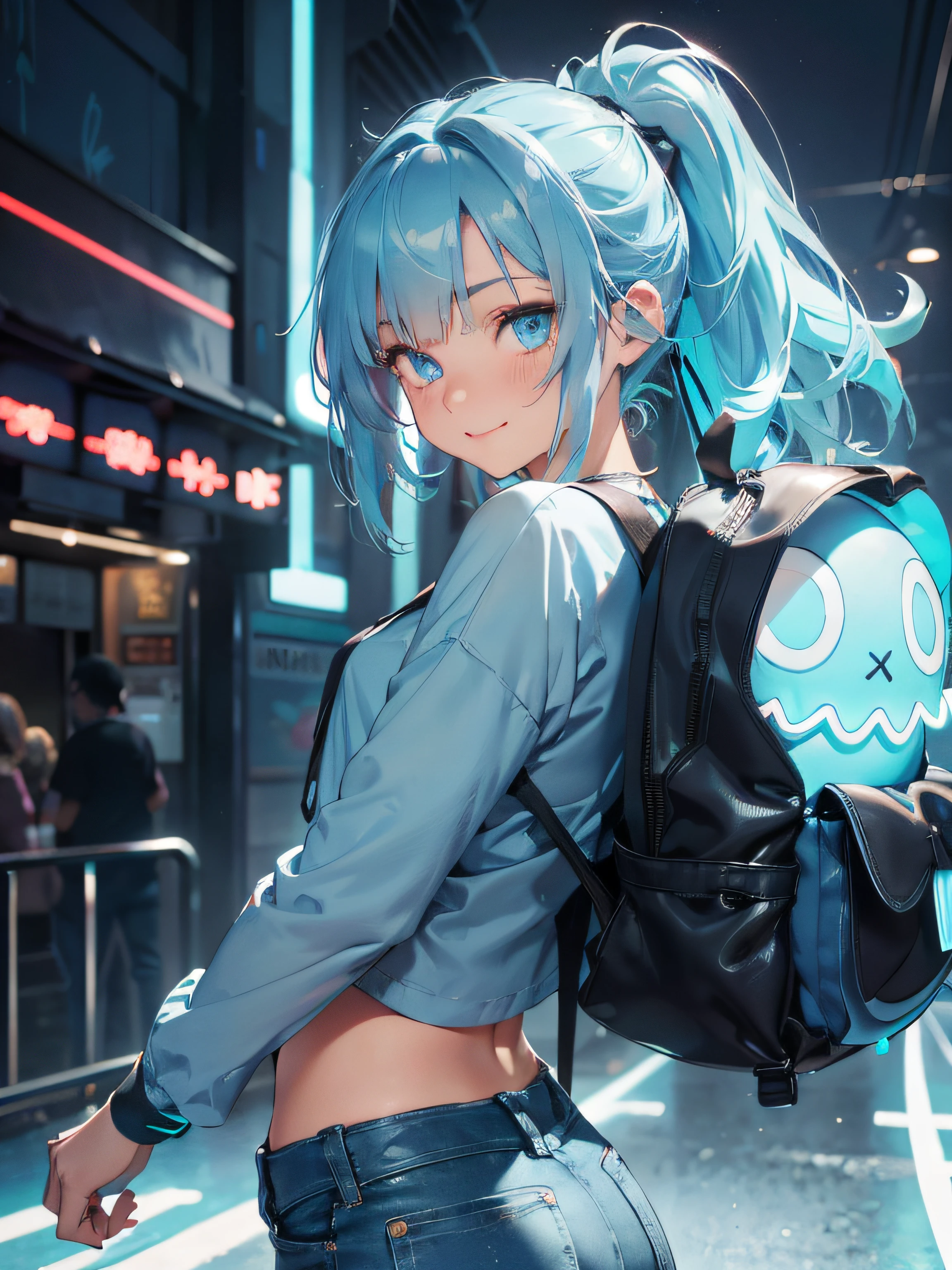 1girl , a girl , 17 yeper adorable , full head ,(Upper Body : (small breasts) , Skinny ) , ((tmasterpiece)) , (Very detailed CG unity 8K wallpaper) , best qualtiy , cinmatic lighting , (hi-top fade:1.3) , dark themed , Muted Tones , Subdued Color , highly contrast , (natural skin textures , Hyper-Realism , Soft light , sharp) , (Hair : (Light Cyan Hair:1.5) , (shoulder-length hair) , ponytail , ) , (Cetacean Blue eyes:1.5) , beatiful detailed eyes , (Bright eyes:1.5) , (Very fine and beautiful) , (Beautiful and detailed eye description) , ( Background : (Amusement park at night Background) ) , Blur Background , (Wearing : (Jordy Blue Long-Sleeve Plain Cropped Shirt :1.5) , (Neon blue Backpack:1.5) , Periwinkle Big Shape Jeans , Light cyan Furry Strapped Combat Bootie Boots , Cornflower blue (Calvin Klein underwear) ) , upper body shot , random view ,(Joyful Emotion:1.5) , Happy expression , (Pose : random pose , smile shy ) , (hair covers one eye : 1.5)