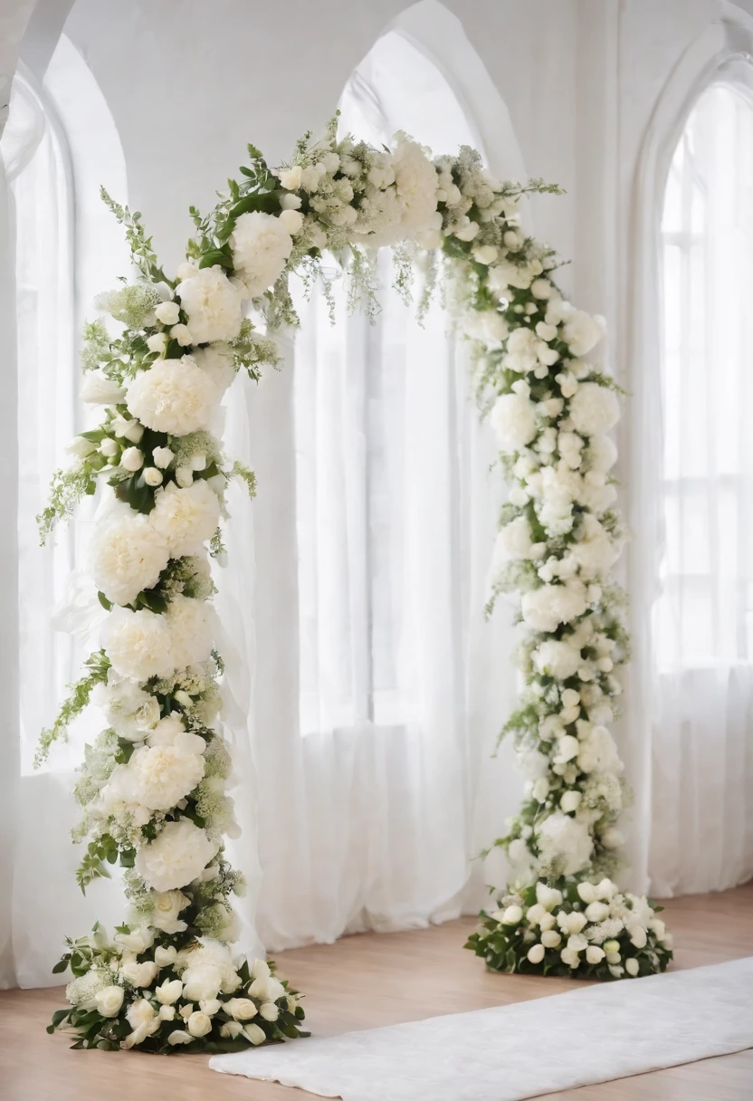 white flowers, Arch of flowers, Beautiful interior, White garland, bokeh background, a beautiful background, studio