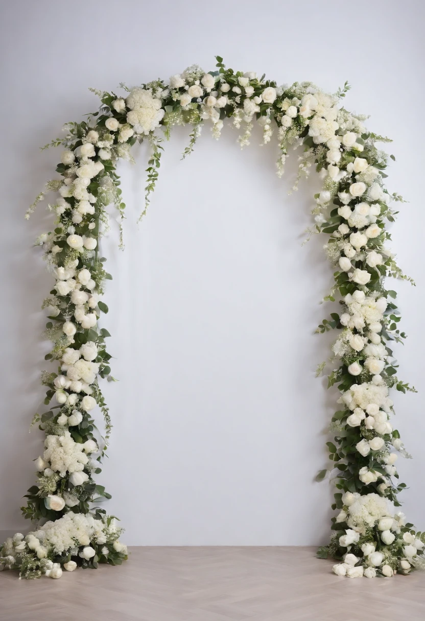 white flowers, Arch of flowers, Beautiful interior, White garland, bokeh background, a beautiful background, studio