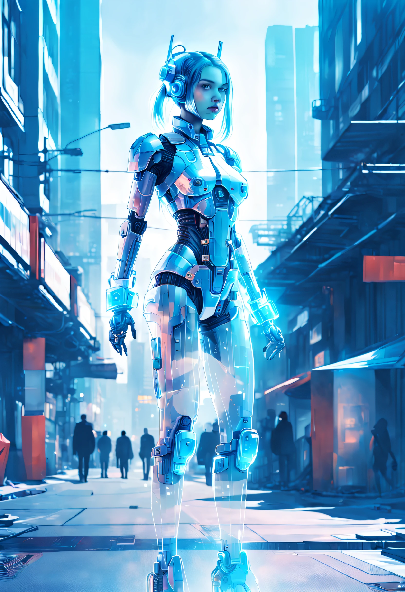 mecha-girl，futuristic urban background，（Doubleexposure：1.8），Complex illustrations in surrealist art style，Surreal dreams，Incognito as a virtual hologram person，Transparent people