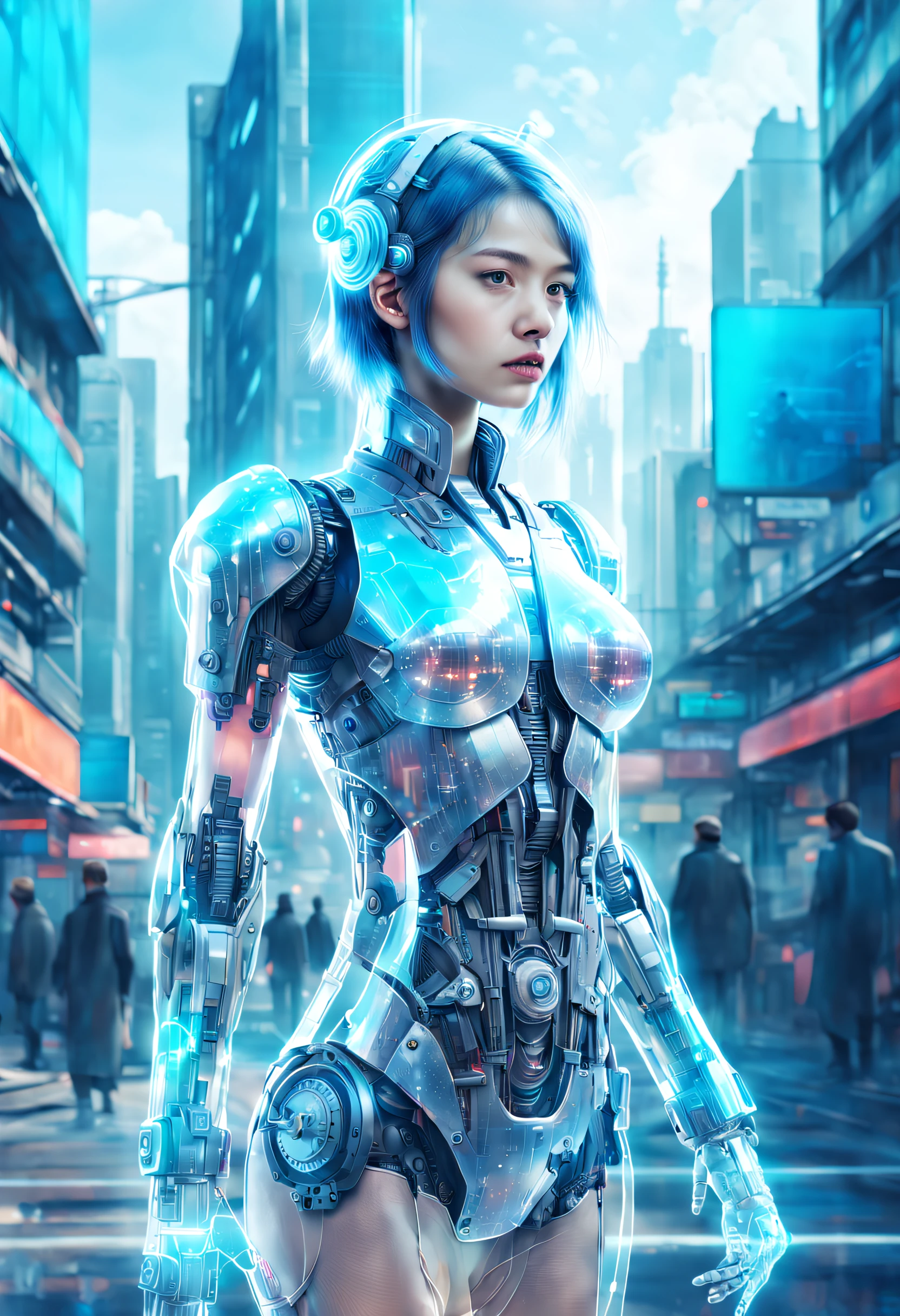 mecha-girl,futuristic urban background,(Doubleexposure:1.8),Complex illustrations in surrealist art style,Surreal dreams,Incognito as a virtual hologram person,Transparent people