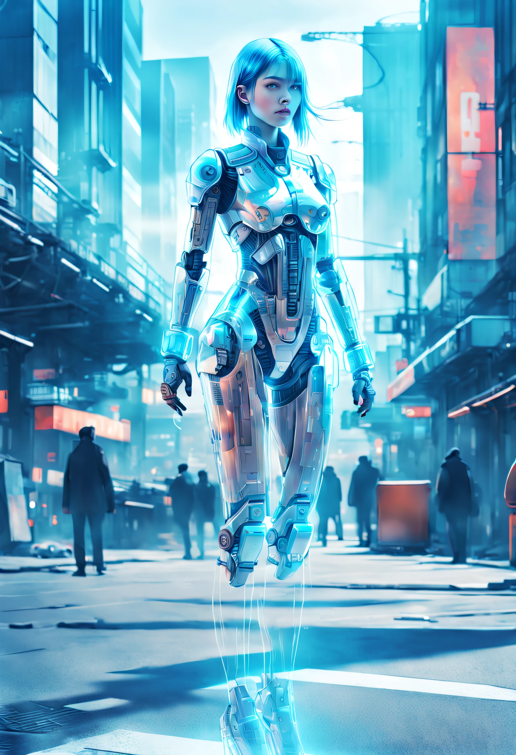 mecha-girl，futuristic urban background，（Doubleexposure：1.8），Complex illustrations in surrealist art style，Surreal dreams，Incognito as a virtual hologram person，Transparent people，Virtual holographic digital imagery