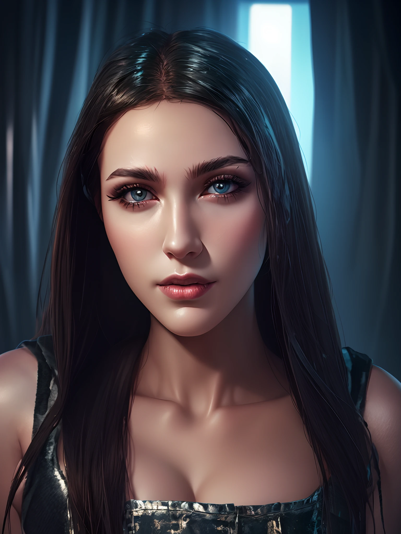 (Cyberpunk handsome girl realistic face:1) , tattoo on her skin:1 , cyber style skin:0.5 , ( looking at camera ) , fit face , black and shiny hair , a room in a future as a BG