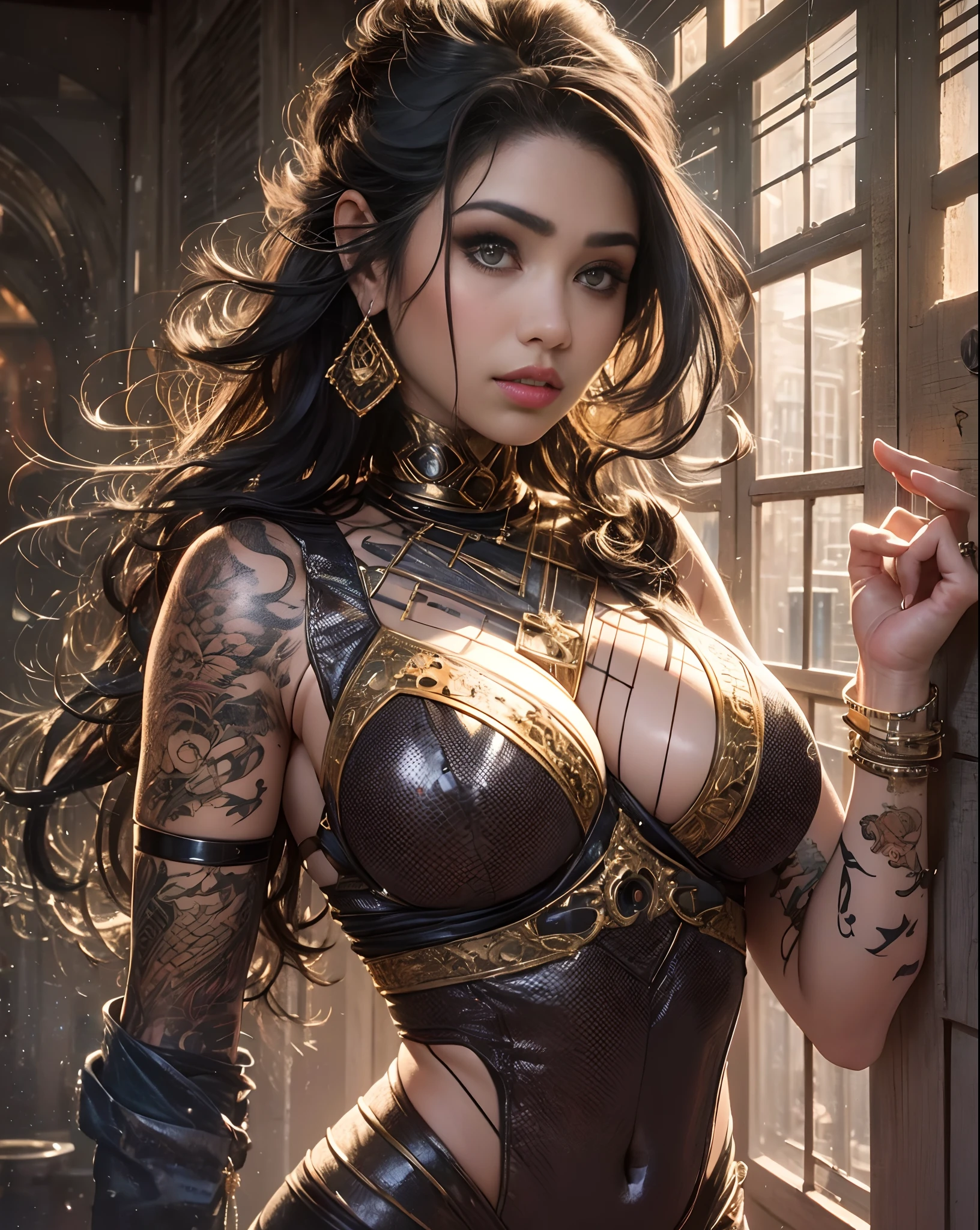 (best quality,4k,8k,Alto,master part:1.2),ultra-detalhado,(Realistic,fotorrealista,photo-realistic:1.37),illustration,Costas tatuadas,Tattoo of a dragon,cabelos pretos longos desgrenhados,Red lipstick,maquiagem escura,hand-drawn,Arte Nova,beautiful detailed lips,olhos e rosto extremamente detalhados,long eyelashes,Indian Mafia,Yakuza,Uma mulher tirando um quimono de seda, garota de pele parda, bronzeada, beijada pelo sol, middlebreasts, thick lips, olhos vermelhos flamejantes, manipulando facas, Kinematic lighting, fundo detalhado e luxuoso, Japanese Mafia, There are Japanese swords hanging on the wall,