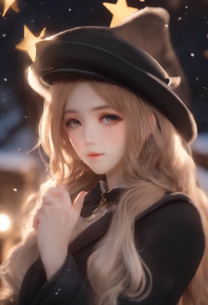 Starry eyes, it looks even more beautiful than immortal, Ahoge, hair, star-shaped pupils, amber eyes, colored contact lenses, blush, high detail, anime, romanticism, modern, gothic art, anime style, film lighting, ray tracing, motion rye, close-up, sony fe gm, uhd, high detail, top quality, 8k, big breasts, light brown hair, hat, twin tails, clean fingers, well-formed fingers, long jacket, ribbon, mystery, knitted hat, snow, anger, impatience