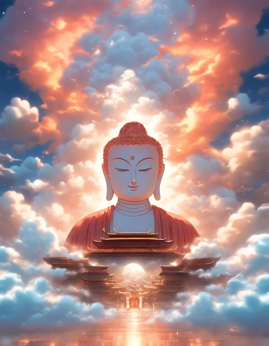 ((masutepiece))，(Best Quality))，china style，In the sky, The clouds form a huge transparent and shining white jade Maitreya Buddha image，Thick clouds，sun shining，Pilgrims on the road，Hyper-realistic，Ultra photo realsisim，，in 8K，High Definition，high quarity，Works of masters，super-fine，（（（OC Renderer）））