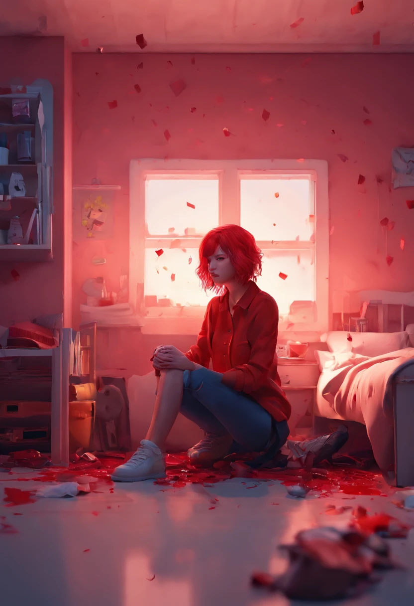 a red hair girl, sitting at her bedroom floor, blood on the floor, blood on her, sad face, knife on the groung, night, dark, side view, distant view, dramatic, creepy scene