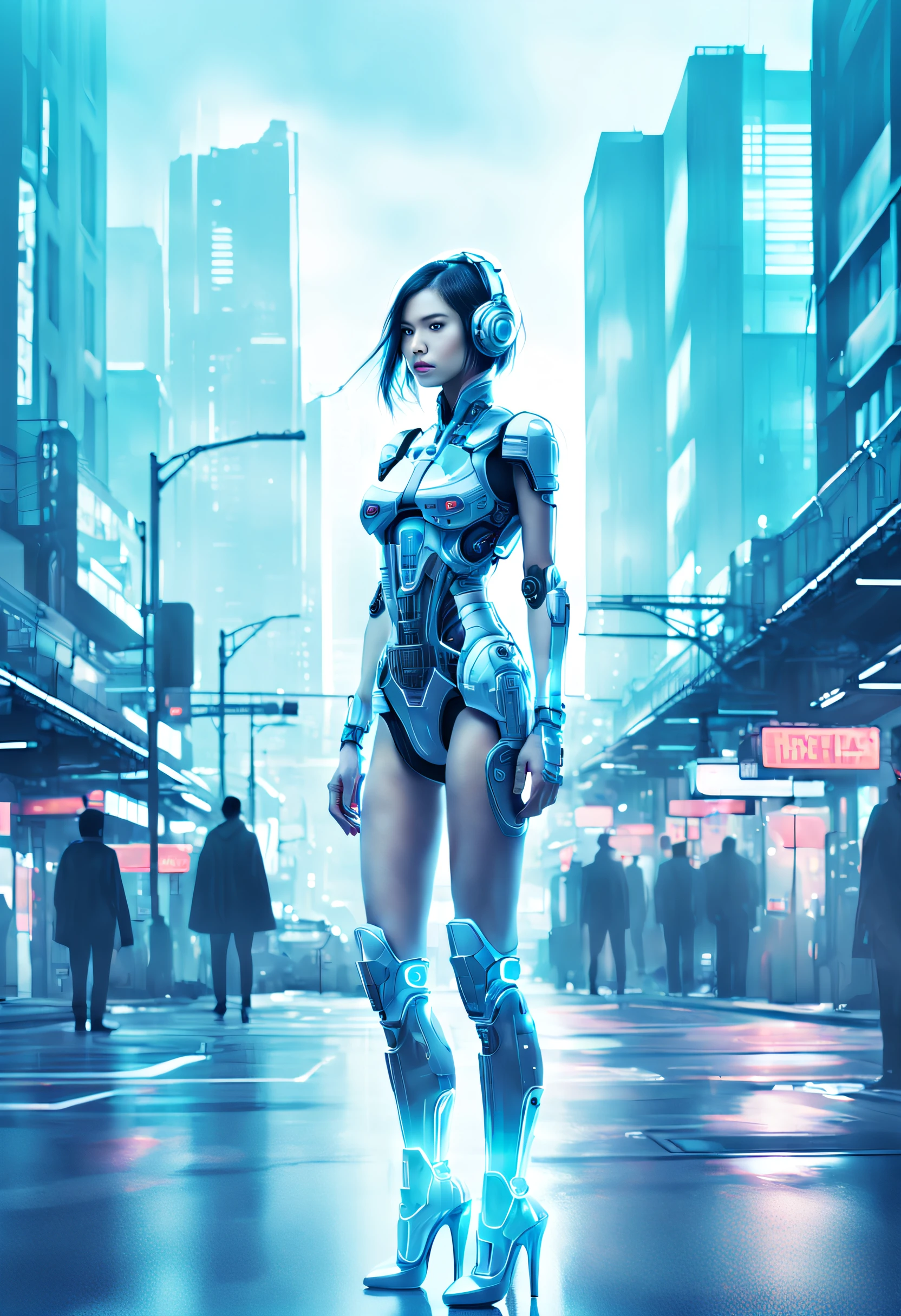 mecha-girl,futuristic urban background,(Doubleexposure:1.8),Complex illustrations in surrealist art style,Surreal dreams,Incognito as a virtual hologram person,