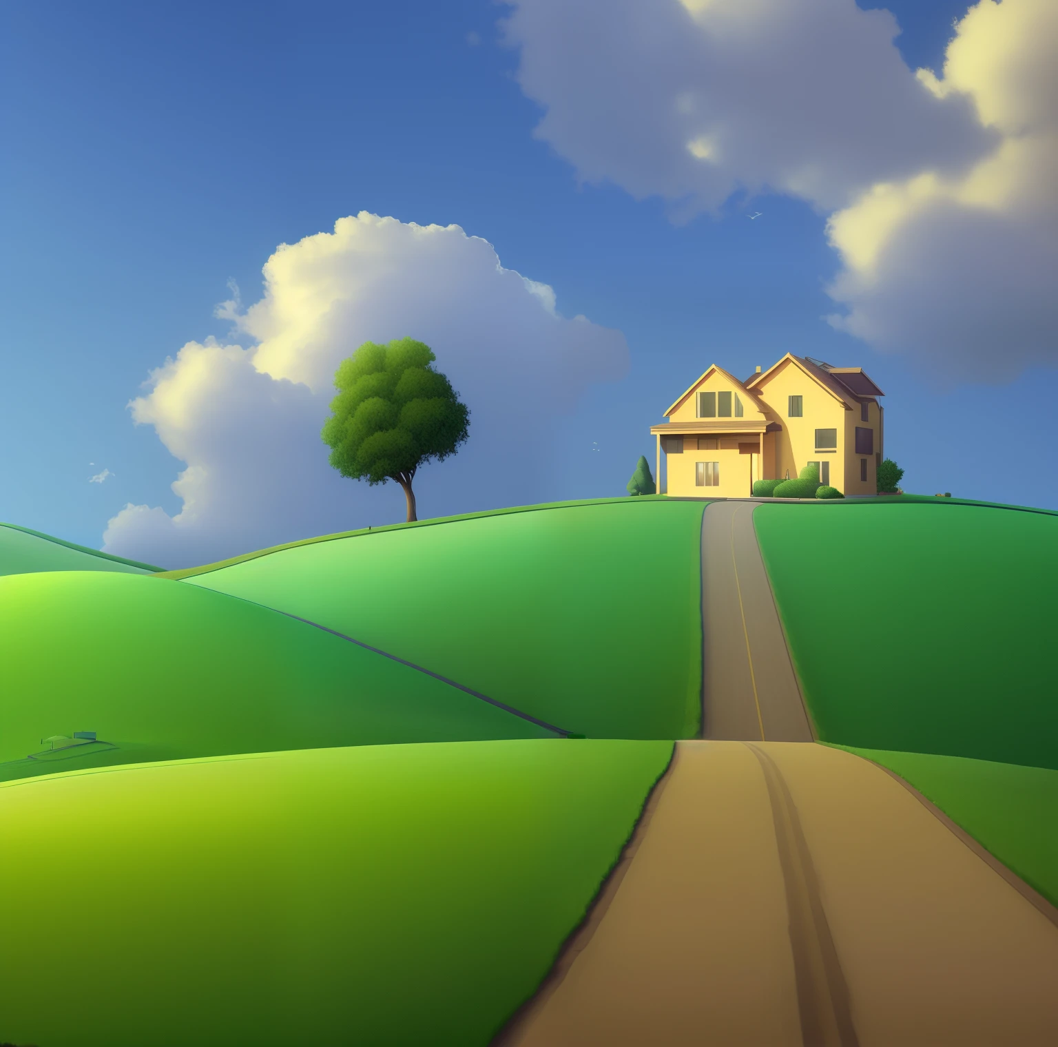 There is a photo of a house on the hill,There is a way to go, peaceful suburban scene, house on a hill, house and road, fundo de casa, house on background, Van Orsburg, ( ( ( Grant Wood ) ) ), hyper realisitc, magic realism matte painting, in a scenic background, windows xp bliss wallpaper, windows xp background