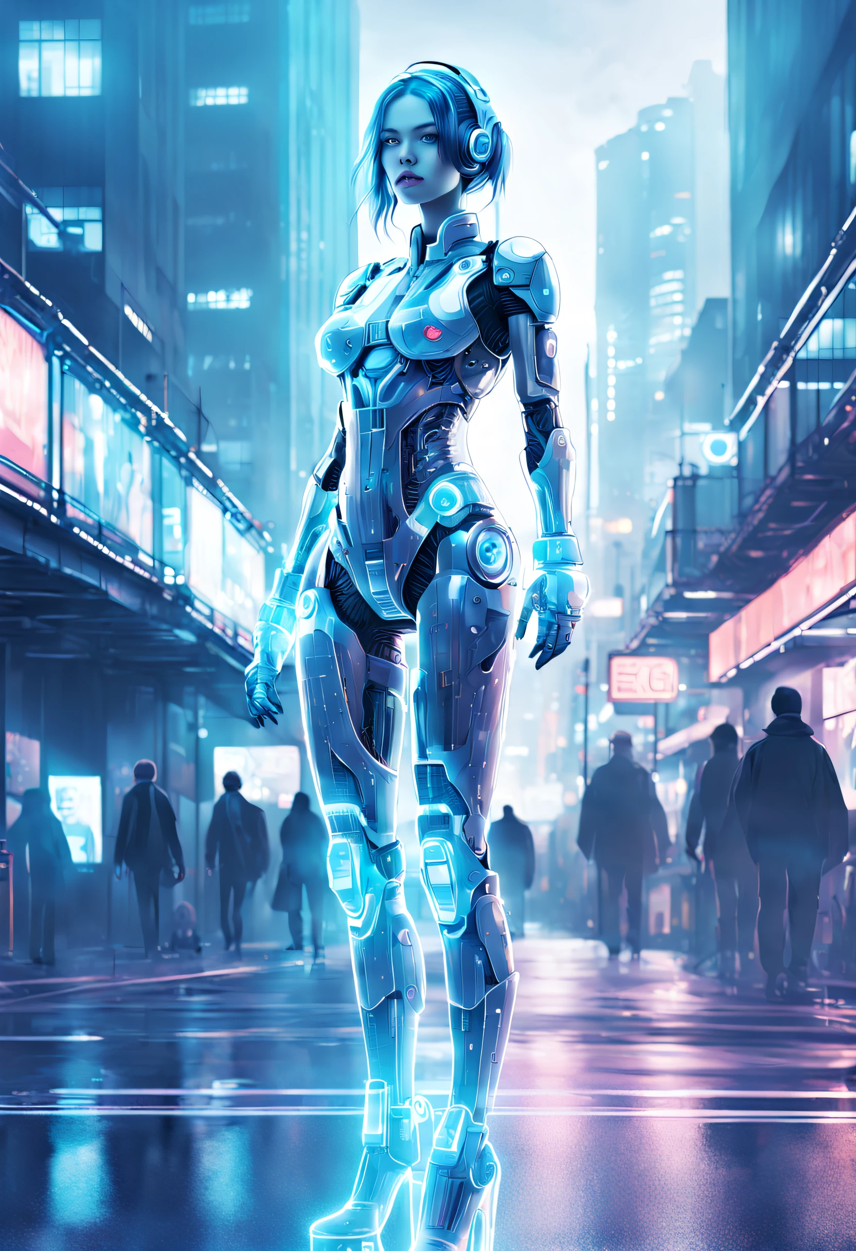 mecha-girl,futuristic urban background,(Doubleexposure:1.8),Complex illustrations in surrealist art style,Surreal dreams,Incognito as a virtual hologram person,