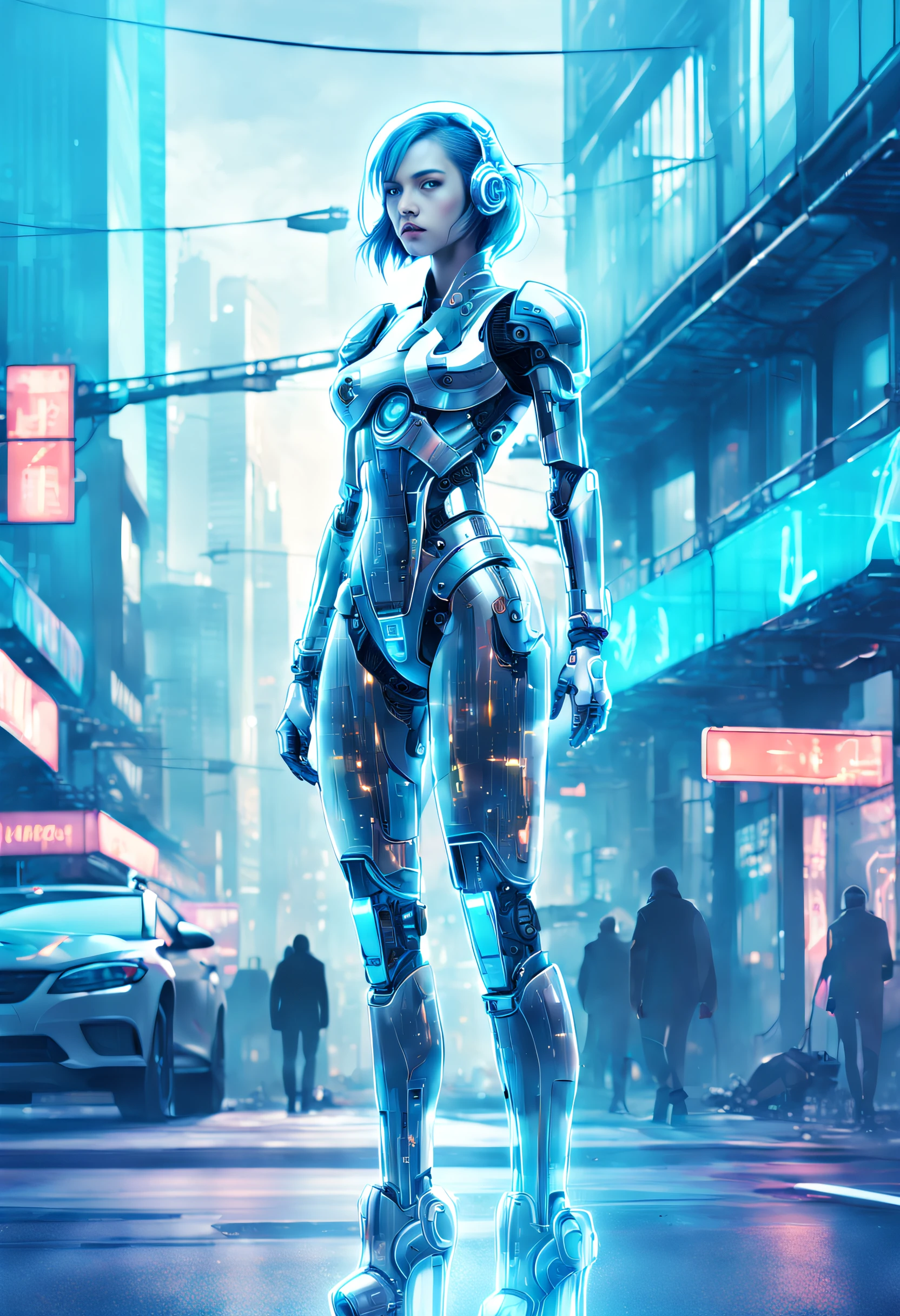 mecha-girl，futuristic urban background，（Doubleexposure：1.8），Complex illustrations in surrealist art style，Surreal dreams，Incognito as a virtual hologram person，