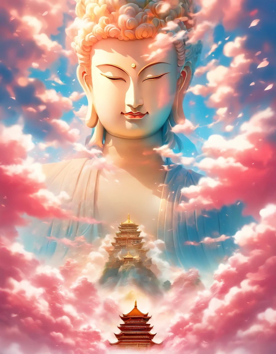 ((masutepiece))，(Best Quality))，china style，In the sky, The clouds form a huge transparent and shining white jade Maitreya Buddha image，Thick clouds，sun shining，，Hyper-realistic，Ultra photo realsisim，Pink，8K，High Definition，high quarity，Works of masters，super-fine，（（（OC Renderer）））