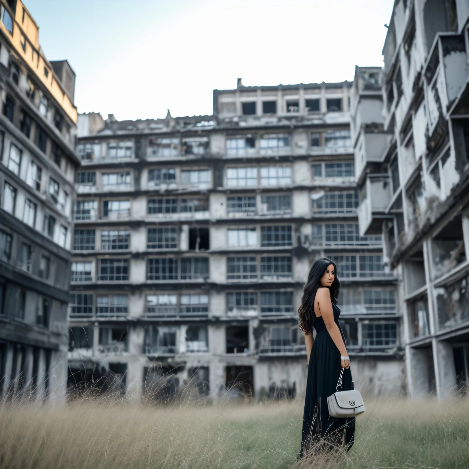 Woman in black dress standing in tall grass in front of building, in a ruined cityscape, gothic city streets behind her, In front of the ruined city, In a deserted city, Shot with Canon EOA 6 D Mark II, shot on leica sl2, in an urban setting, forest city streets behind her, by Caro Niederer