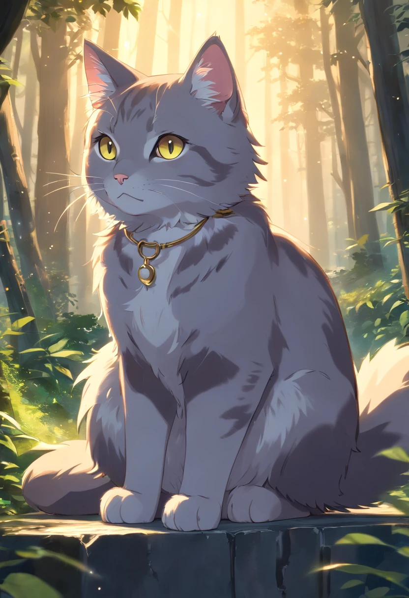 best quality,highres,(realistic:1.37),cute detailed gray cat in a dark fantasy setting,illustration,soft fur,shining eyes,whiskers,tail,sharp claws,golden collar,enchanted forest background,mystical atmosphere,magical glowing orbs,moonlit night,ethereal lighting,rich colors,hint of mystery,whimsical style