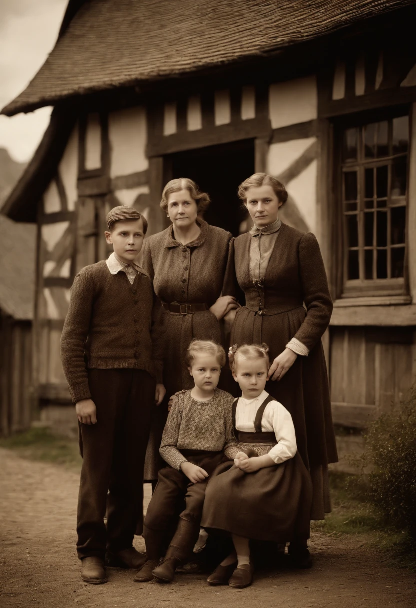 Full-length photograph: A German family stands in front of a half-timbered house in Germany in the 1930s. The very elderly grandparents are sitting in chairs while the son and wife are standing next to their teenage daughter, The Triplet Boys