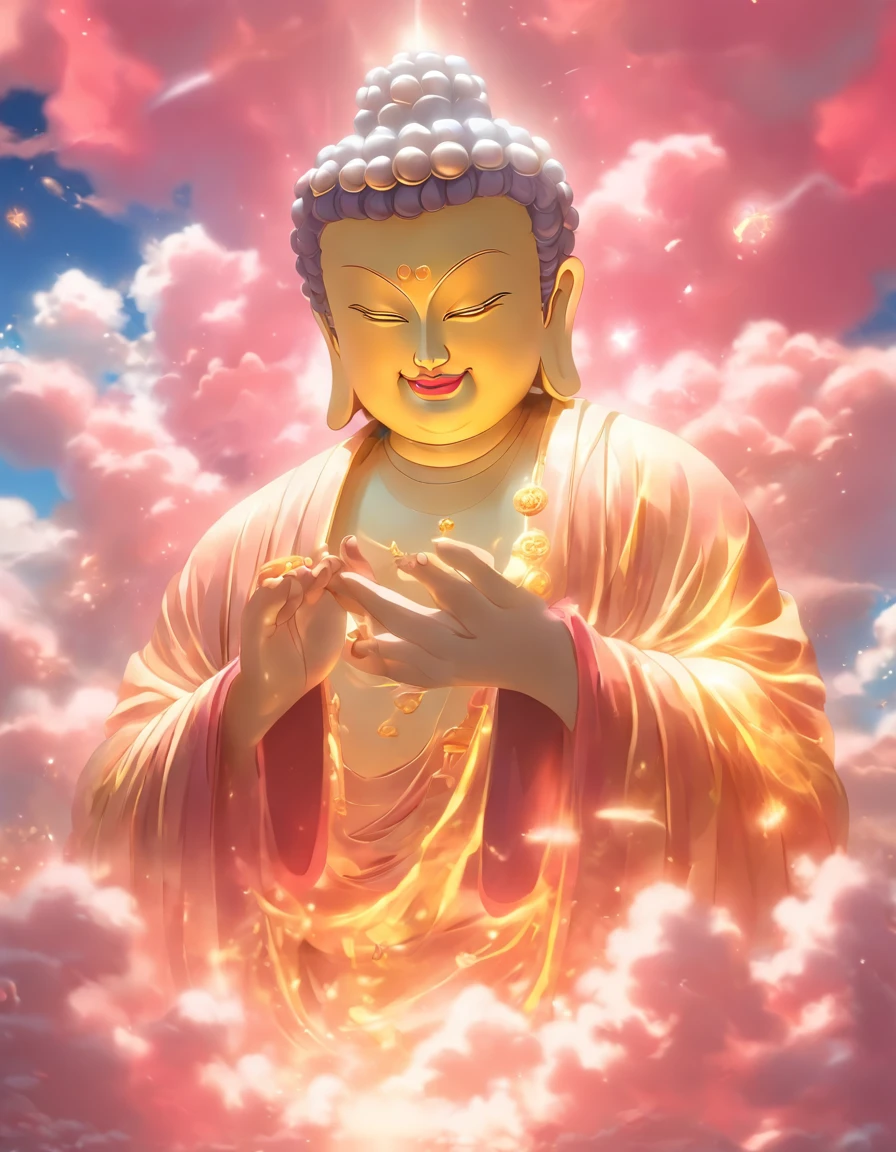 ((masutepiece)),(Best Quality)),china style,In the sky, The clouds form a huge transparent and shining white jade Maitreya Buddha image,Thick clouds,sun shining,,Hyper-realistic,Ultra photo realsisim,Pink,8K,High Definition,high quarity,Works of masters,super-fine,(((OC Renderer)))