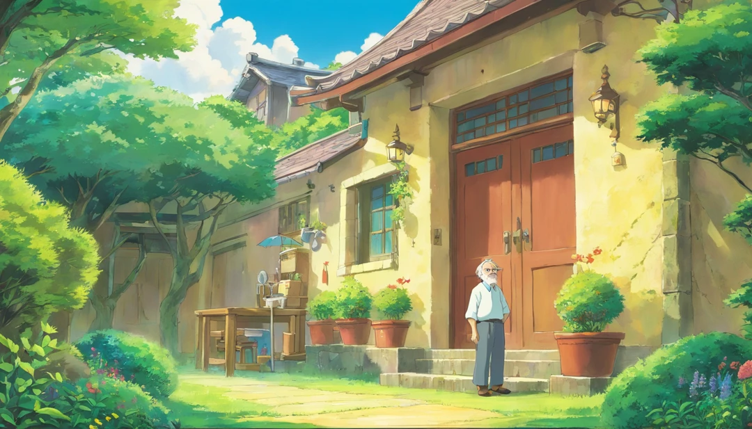 The old man laughed in the yard