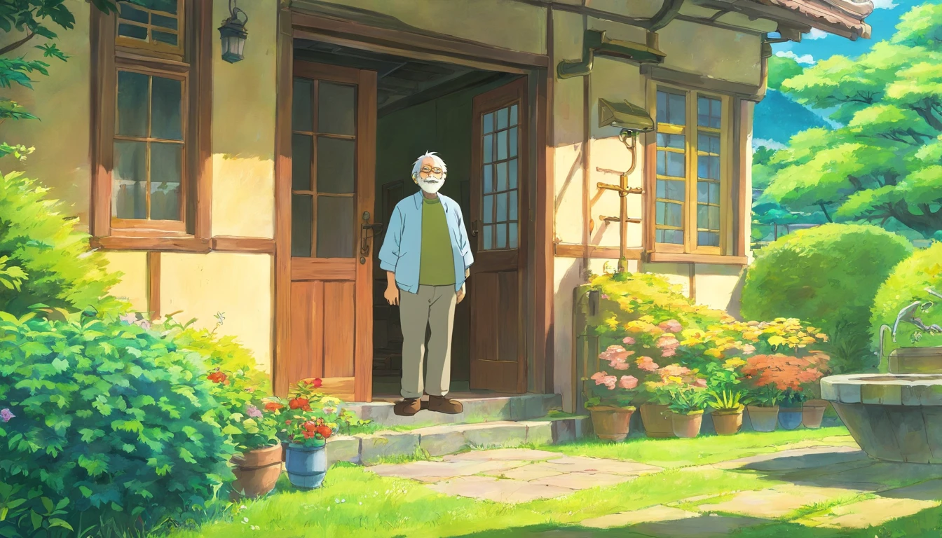 The old man laughed in the yard