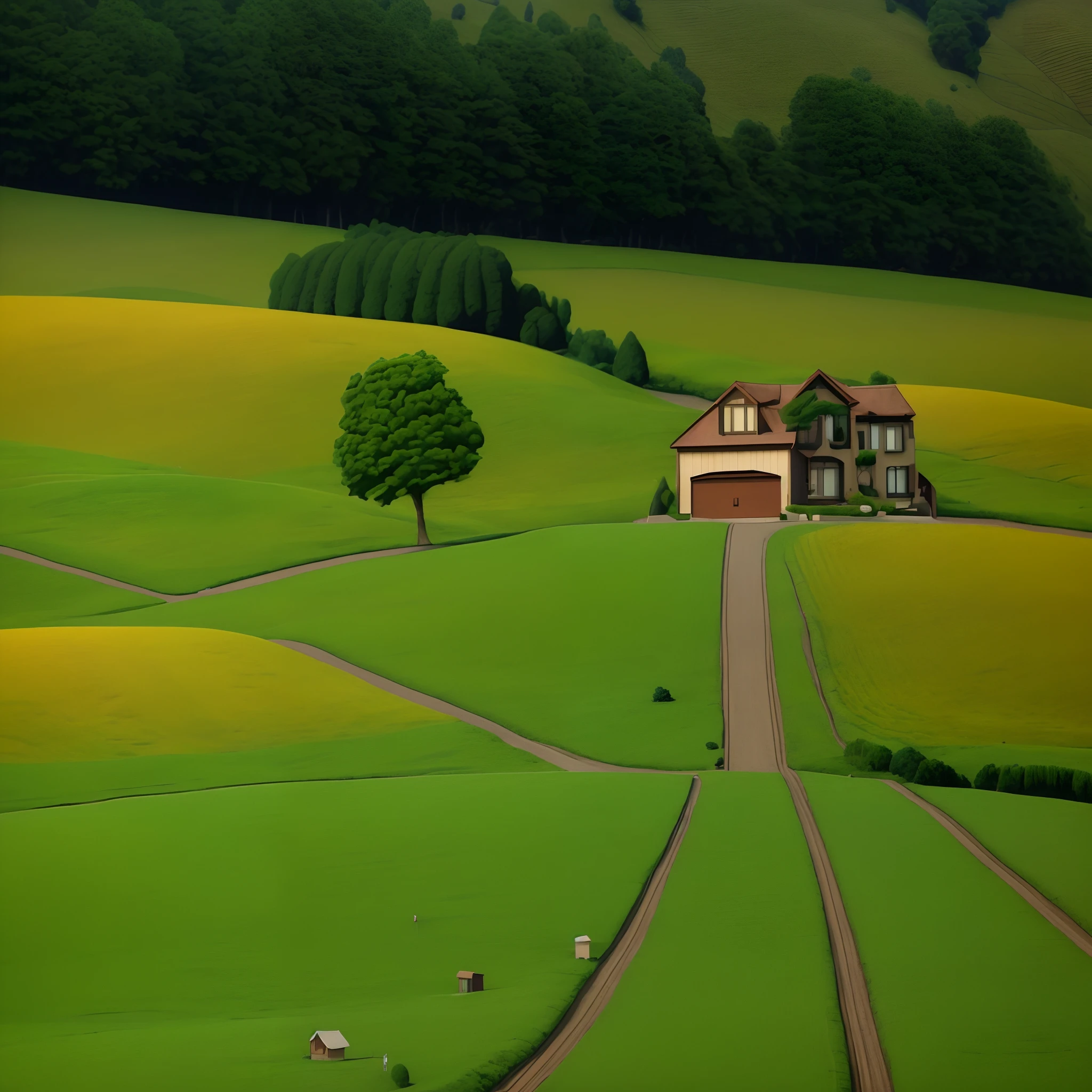 There is a photo of a house on the hill,There is a way to go, peaceful suburban scene, house on a hill, house and road, fundo de casa, house on background, Van Orsburg, ( ( ( Grant Wood ) ) ), hyper realisitc, magic realism matte painting, in a scenic background, windows xp bliss wallpaper, windows xp background, Countryside