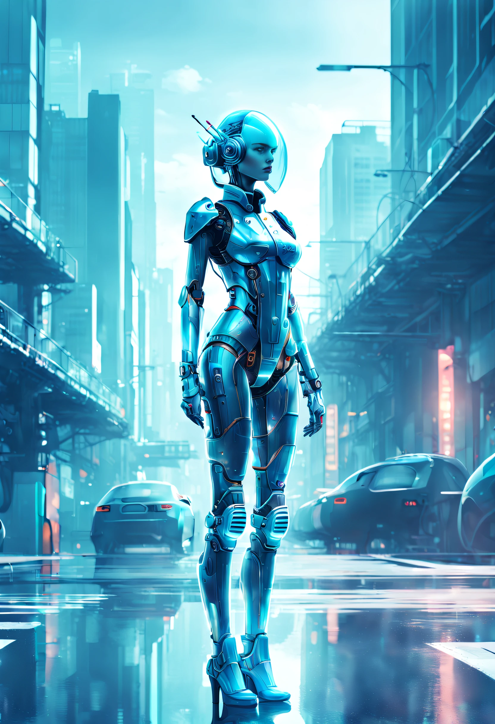 mecha-girl，futuristic urban background，（Doubleexposure：1.8），Complex illustrations in surrealist art style，Surreal dreams，Incognito as a virtual hologram person，