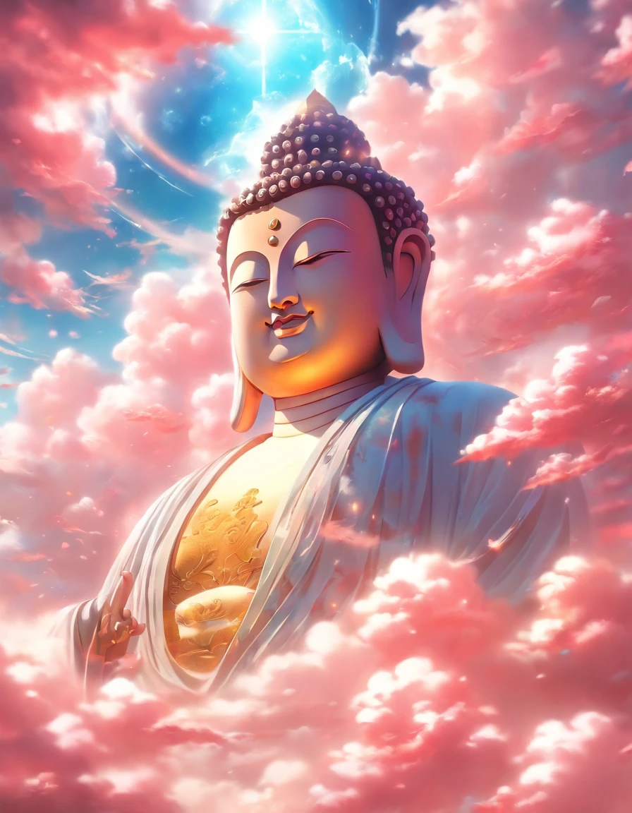 ((masutepiece))，(Best Quality))，china style，In the sky, The clouds form a huge transparent and shining white jade Maitreya Buddha image，Thick clouds，sun shining，，Hyper-realistic，Ultra photo realsisim，Pink，8K，High Definition，high quarity，Works of masters，super-fine，（（（OC Renderer）））