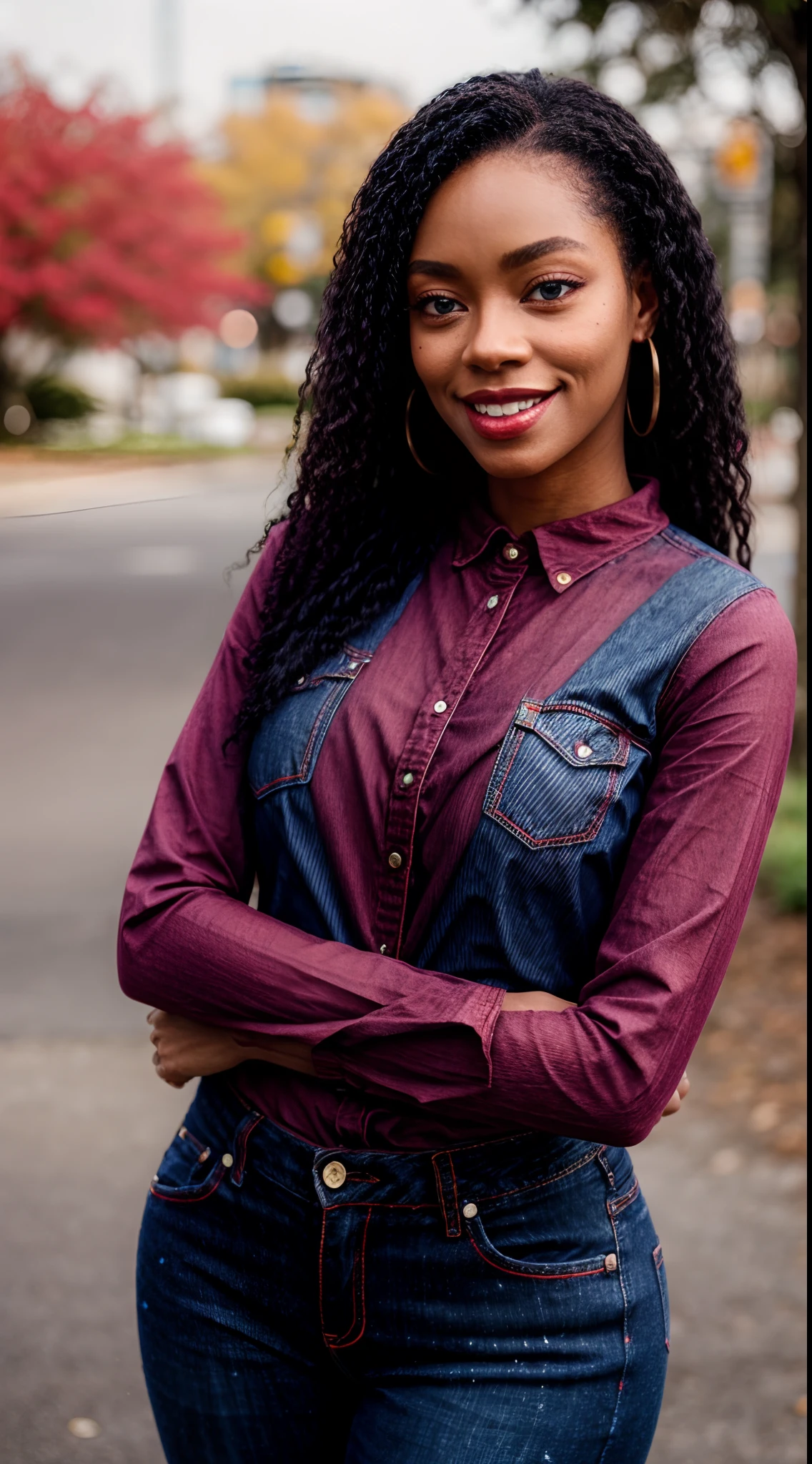 black woman, 1girl, selfie, looking at viewer, blue eyes,  smile, standing, depth of field,  red jeans, shirt tucked in,