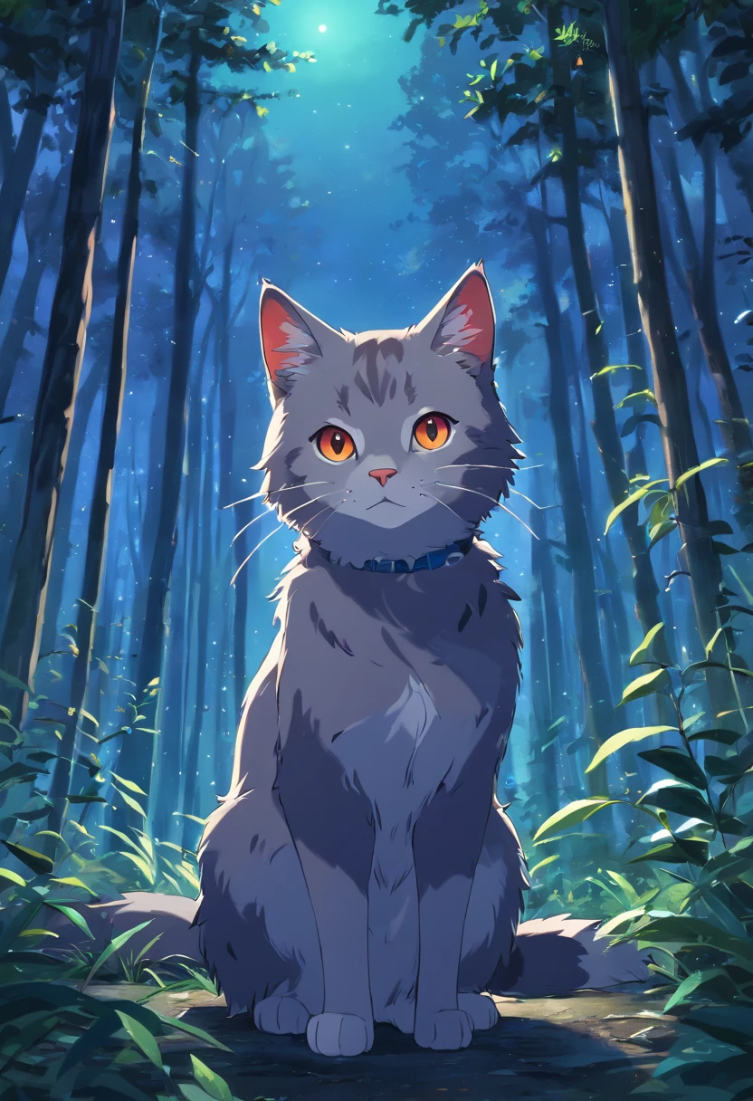 "(best quality,high resolution,photorealistic:1.37),Cute gray cat with intricate details in a dark fantasy forest,illustration,soft and fluffy fur,striking vibrant colors,abundant shades of red and black,illuminated by mysterious moonlight"