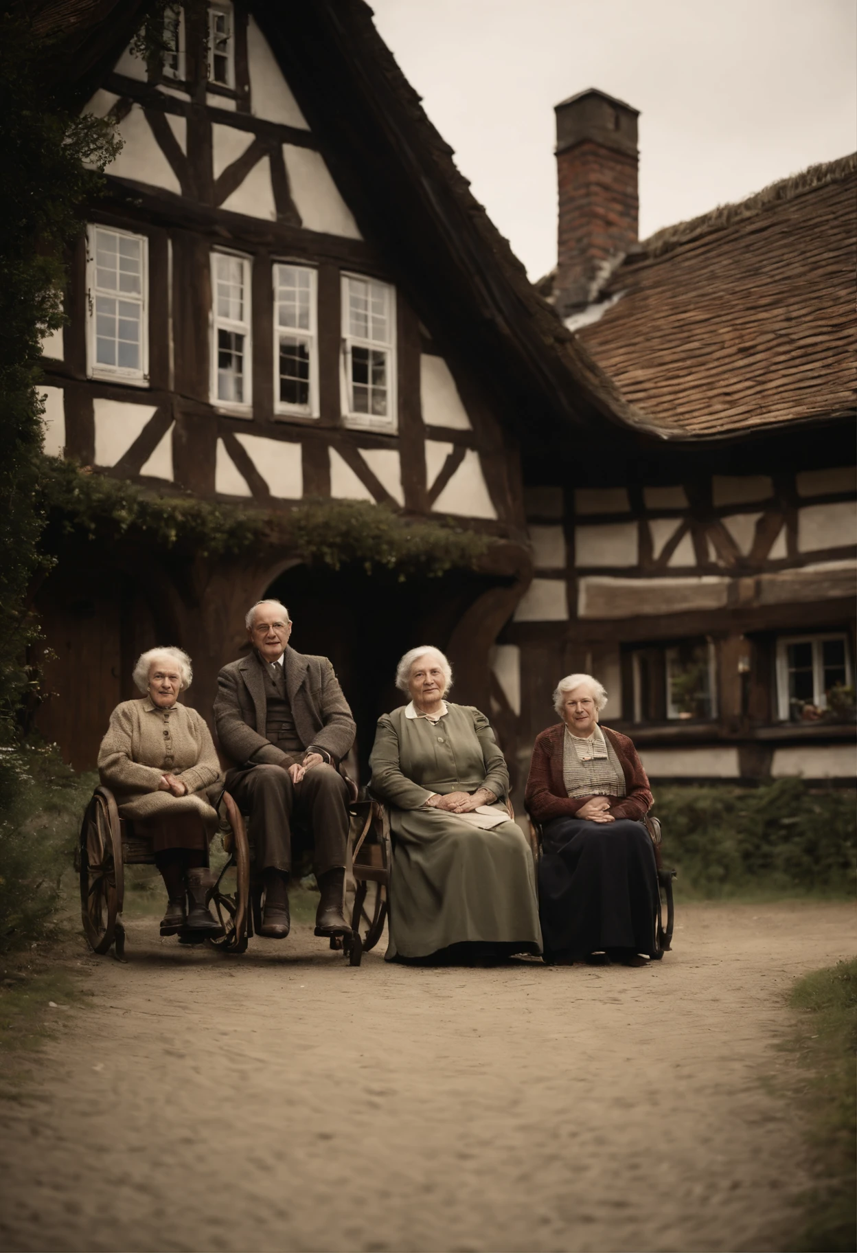 Full-length photograph: A German family stands in front of a half-timbered house in Germany in the 1930s. The very elderly grandparents are sitting in chairs while the son and wife are standing next to their age daughter, The Triplet Boys