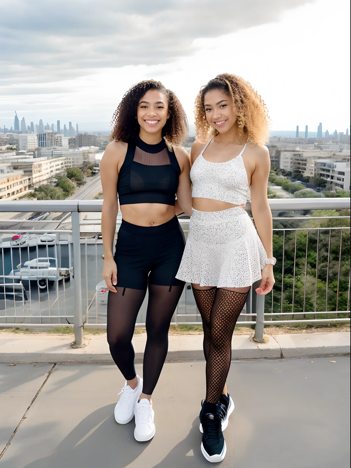 Show entire body, feet in view, aerial view, Zendaya and twin sister, curly hair, short skirt, body stocking,pantyhose, sneakers, neighborhood, sunny day, smiling