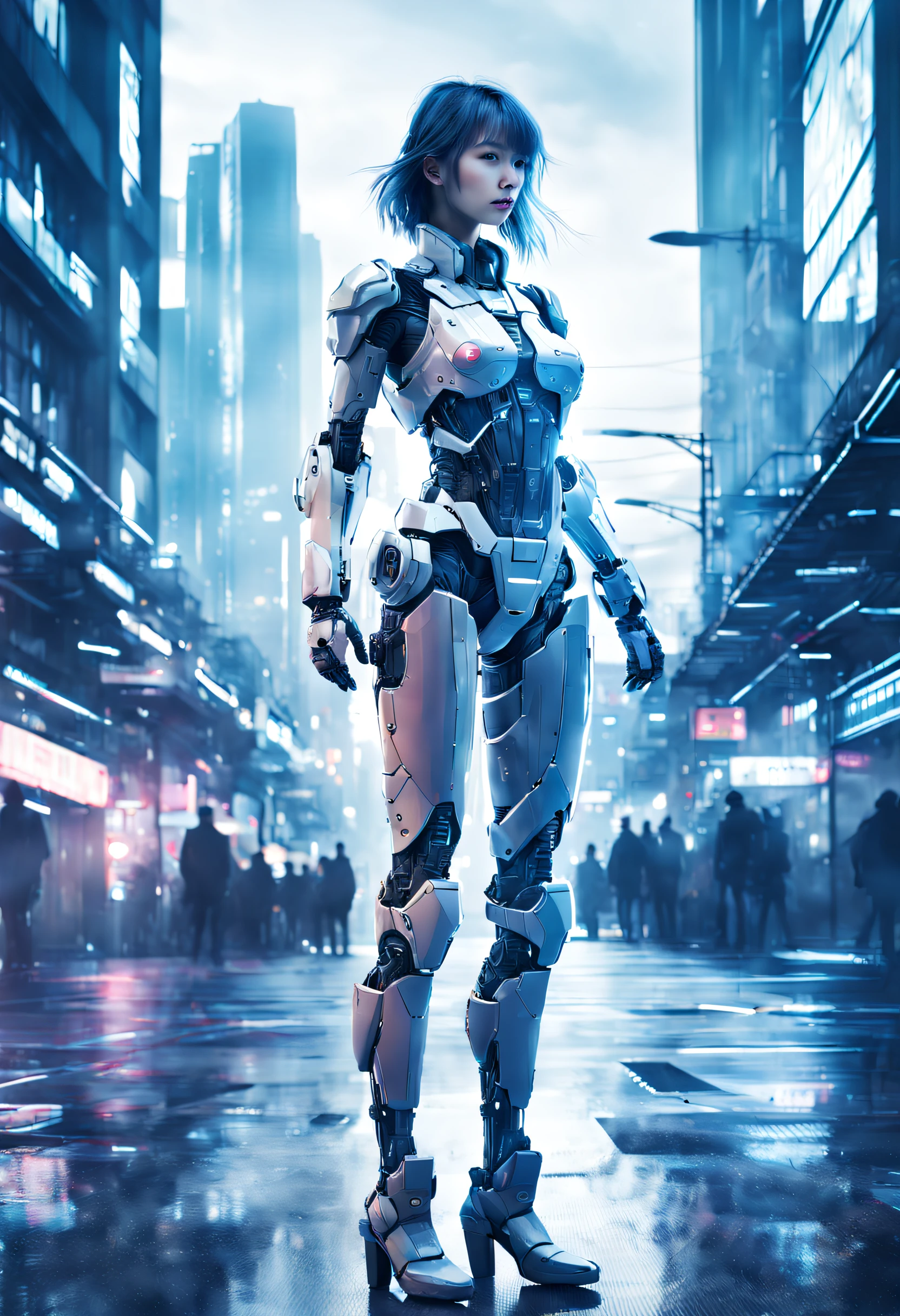 mecha-girl，futuristic urban background，（Doubleexposure：1.8），