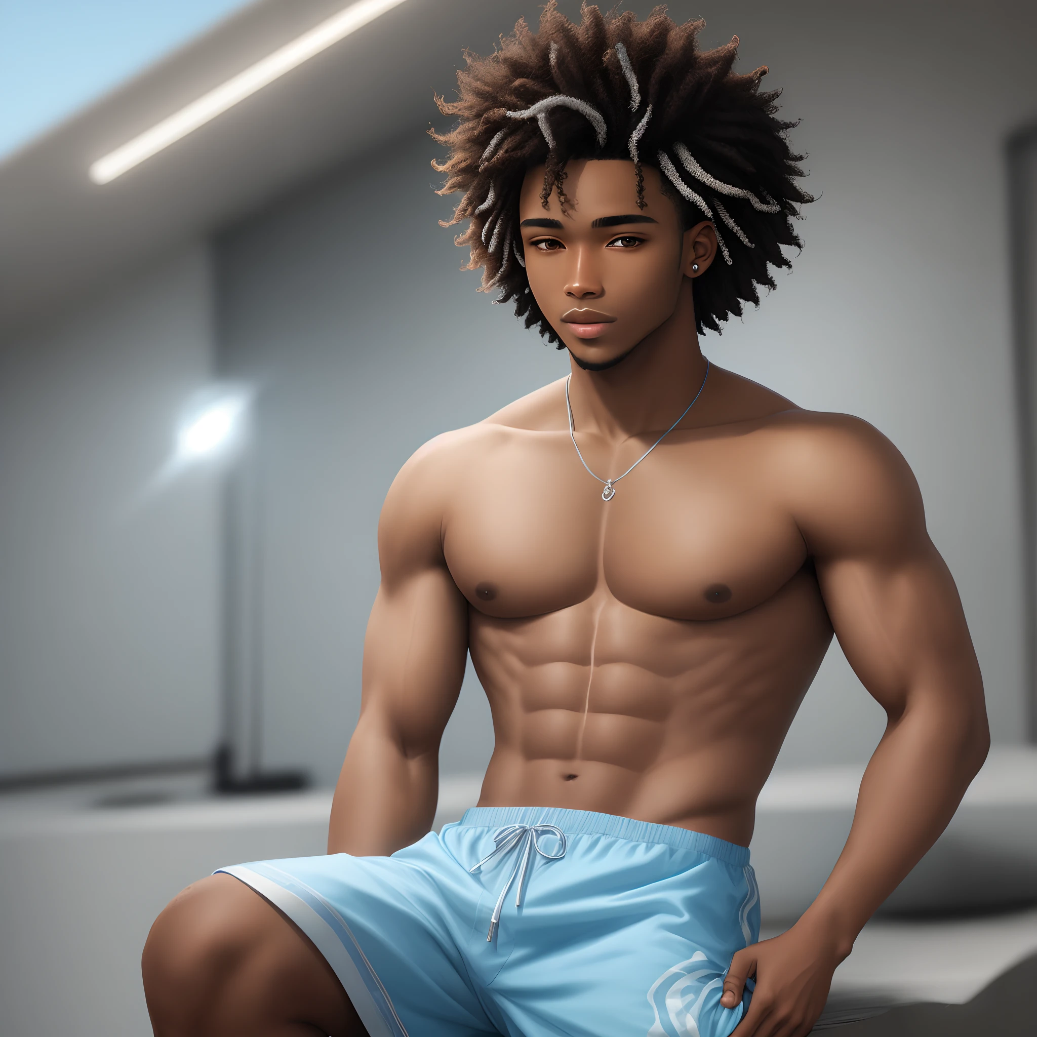 Brown skinned male with light blue and silver curly hair