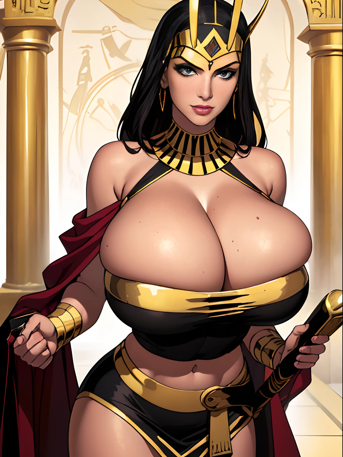 (masterpiece, top quality, best quality, official art, beautiful and aesthetic:1.2), (1girl:1.3), long and straight black hair, tanned skin, extremely detailed, portrait, looking at viewer, solo, (full body:0.6), detailed background, close up, mischievous eyes, (hot summer Egypt theme:1.1), Egyptian magical construct goddess, gold Egyptian mask, gold facemask, (very long neck), pharaoh crown, mummy mask, Persian nose, bold nose, long nose, arched nose, downturned nose, large nose, black stone skin, onyx, charlatan, smirk, mysterious, walking in desert, revealing white and gold Egyptian silks, {cobra headdress}, white short skirts, ((draped halter top), criss cross halter top, criss-cross halter top, criss cross straps, criss-cross straps), jewelry, white fabric, gold jewelry, precious stones, dual sickle swords, ((((gigantic breasts, cleavage, skindentation)))), slim waist, slim hips, long legs, ancient (Egyptian temple exterior:1.1) background, dark mysterious lighting, shadows, magical atmosphere, dutch angle,