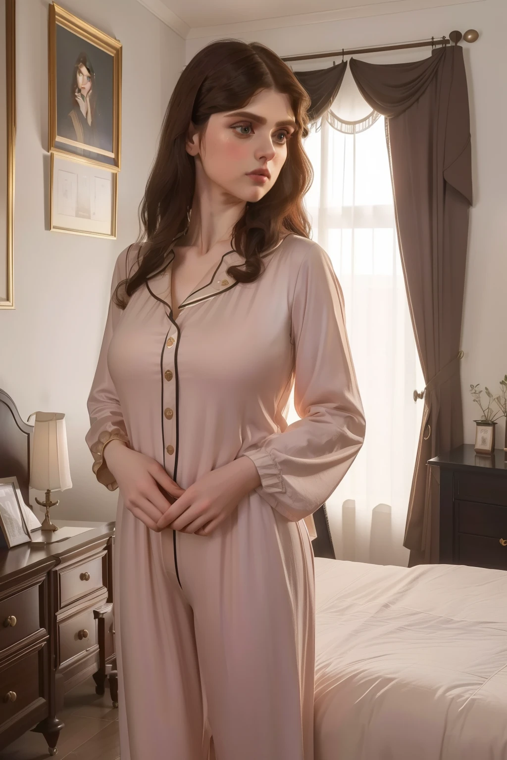 year: 2023. Location: England. Pre-Raphaelite scene with (((Alexandra Daddario))), dark hair, standing in a ((modern bedroom)), pyjammas, sad, crying, ((big tears)), ((((Clothing from the 2020s)))) ((Hairstyle of the 2020s)), ((("OMITB" cinematography)))