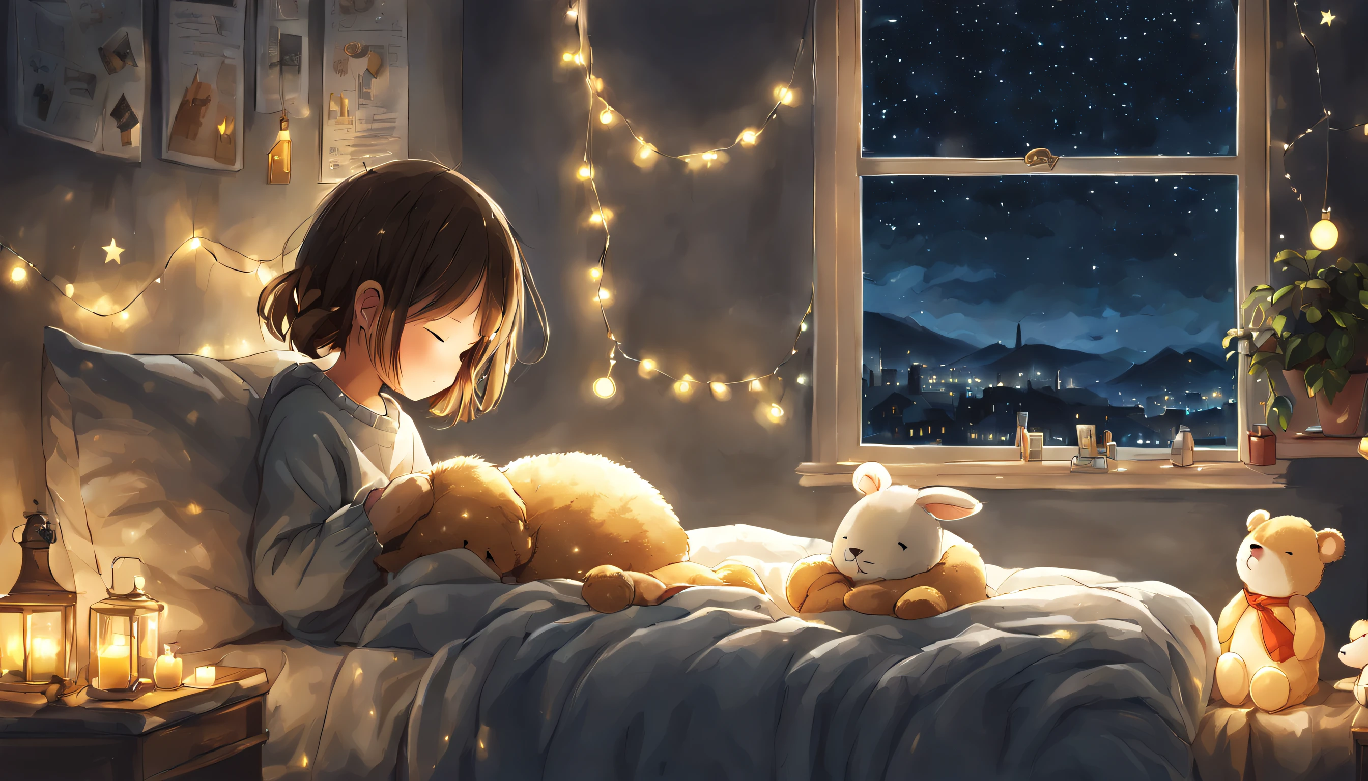 cute little girl sleeping comfortably on a bed, covered with a blanket, stuffed animal, string lights on the wall, window, cozy and comforting atmosphere, nighttime, wonder, pixiv,