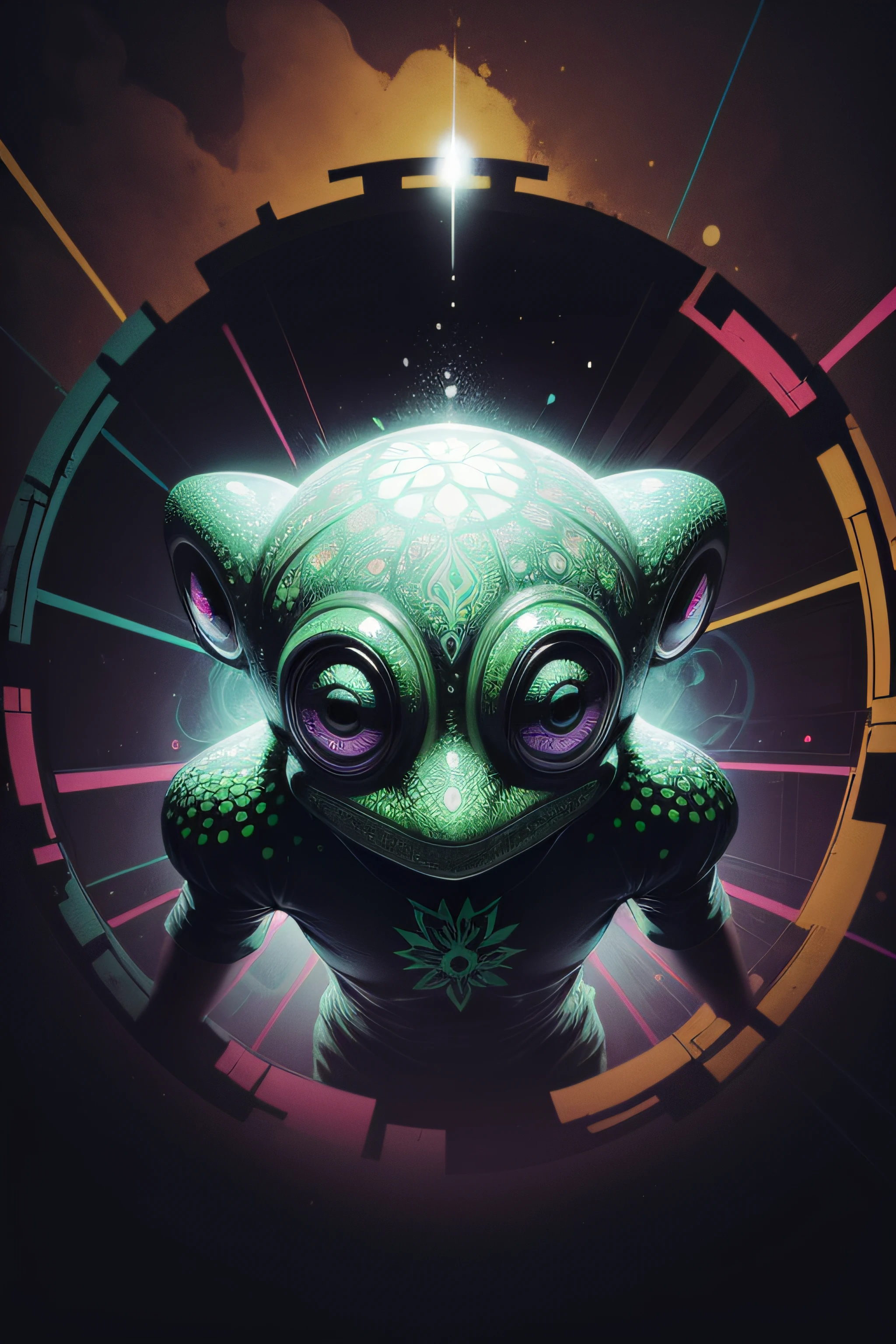 Grenouille folle sous LSD DMT Vision, chaman, spirale noir et blanche background