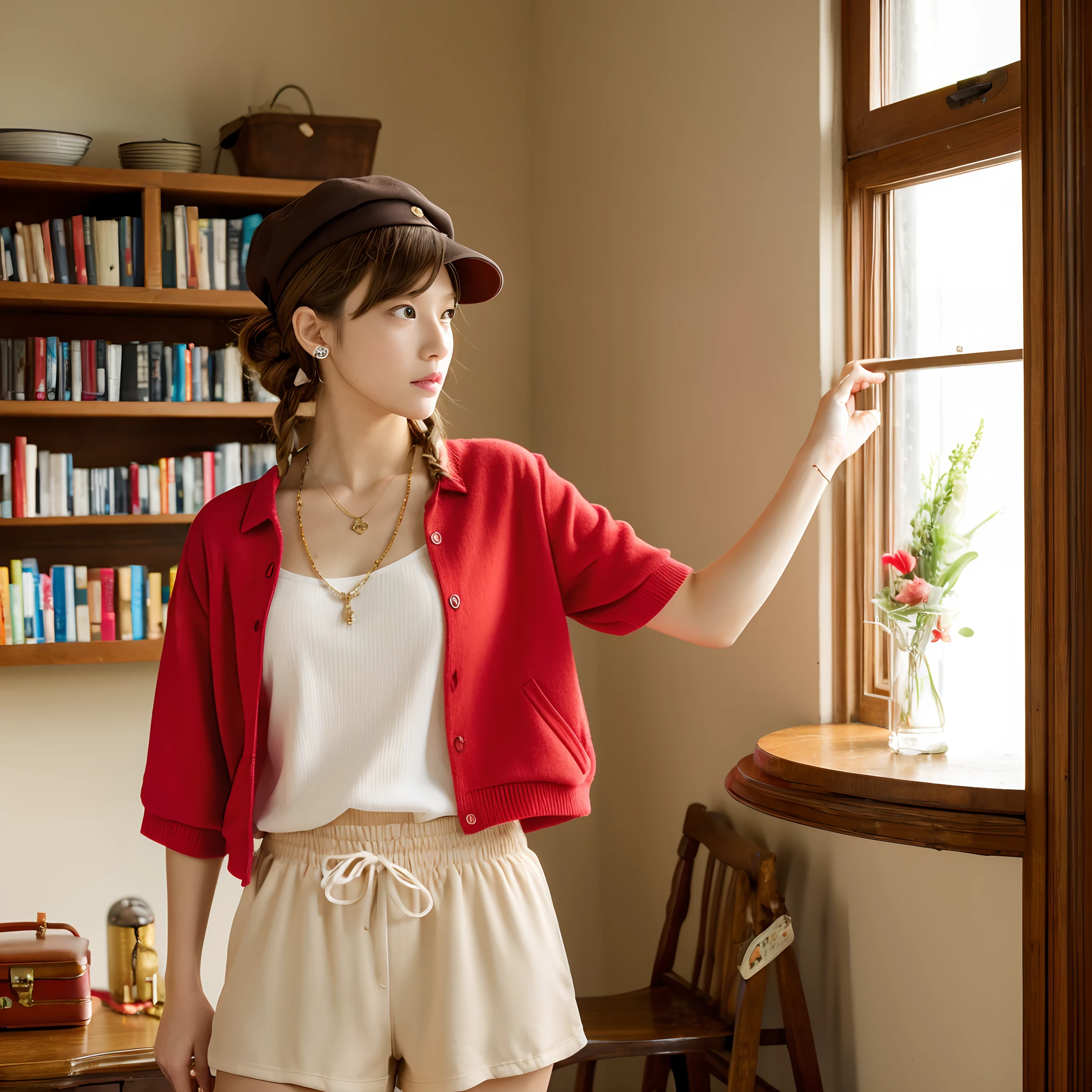 (masutepiece:1.3), (Best Quality:1.3),Indoors,bookshelf,window,Solo,1girl in, Raysarin_stout, Upper body, Standing,Brown hair, Brown eyes, Solo, hair clips, earrings, Jewelry, Short_hair, white_Hats, hat, hair_ornament detached, brown_gloves, Necklace, Short_Shorts, X Hair Ornament, Red shorts, braid,