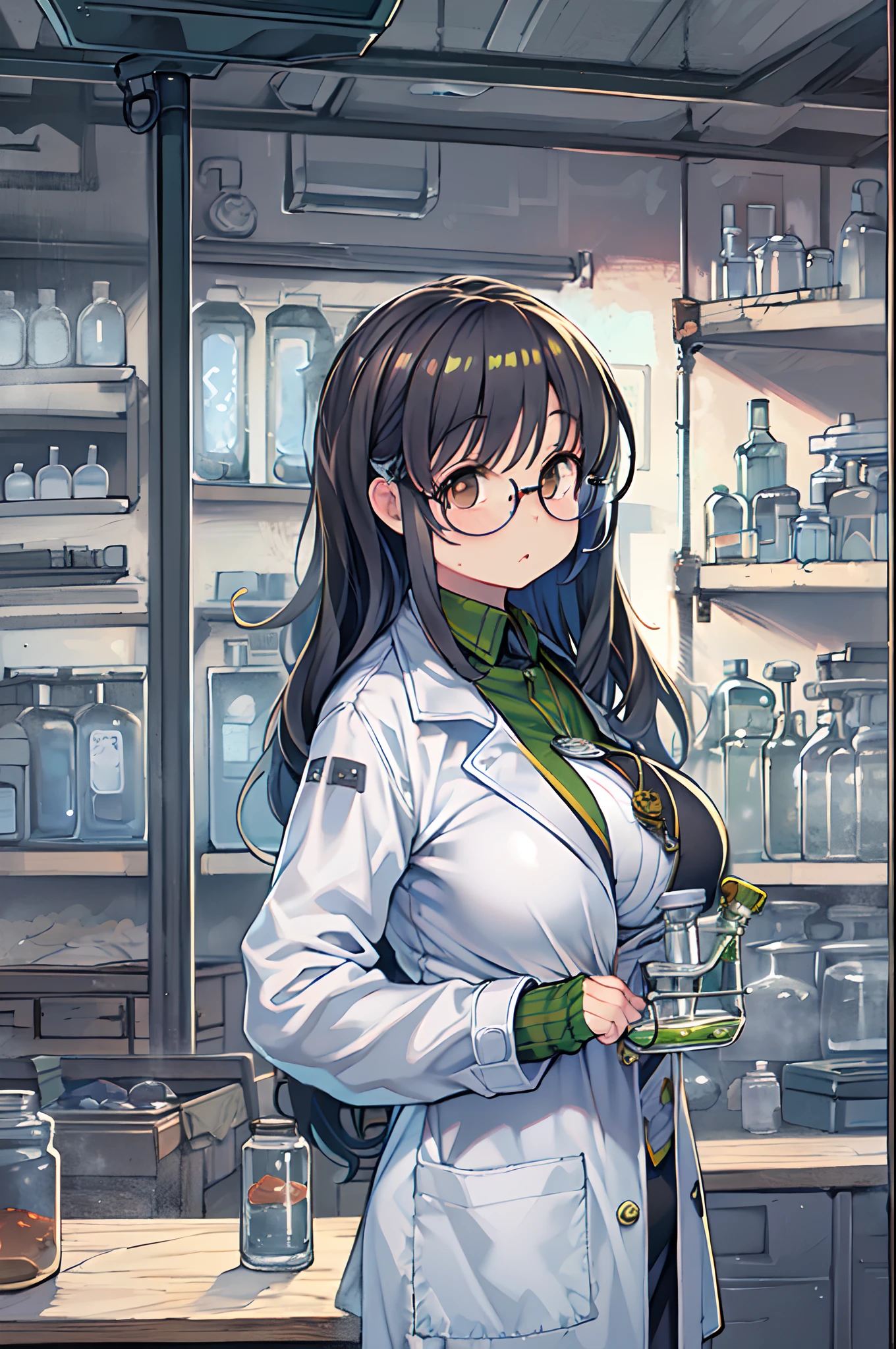 Chemical Fiction,flask ,Woman,,28 years old,Zito-order,Brown eyes,Long hairstyle,Unkempt hair、White-gray on black hair,Scientist uniform,White researcher coat,Open Meadow,lab room、stoop、big round glasses、with hands in pockets、huge-breasted