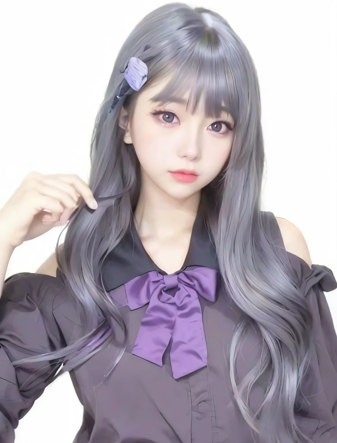 Close up portrait of long-haired woman wearing purple bow, white hime cut hairstyle, sakimichan, light gray long hair, hime-cut, Gray color, Girl Silver Hair, real life anime girl, black hime-cut hair, Anime girl cosplay, Violet Longhair, shikamimi, cloudy grey hair, kawaii hair style