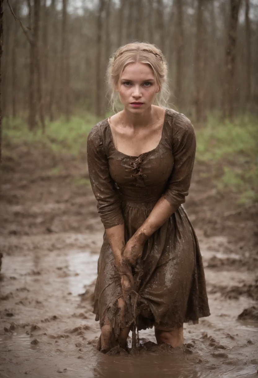a beaten, wet, mud-covered blond little ta in a completely dirty dress and tights crawls through a dirty deep swamp in the rain, her dress is riddled with mud.