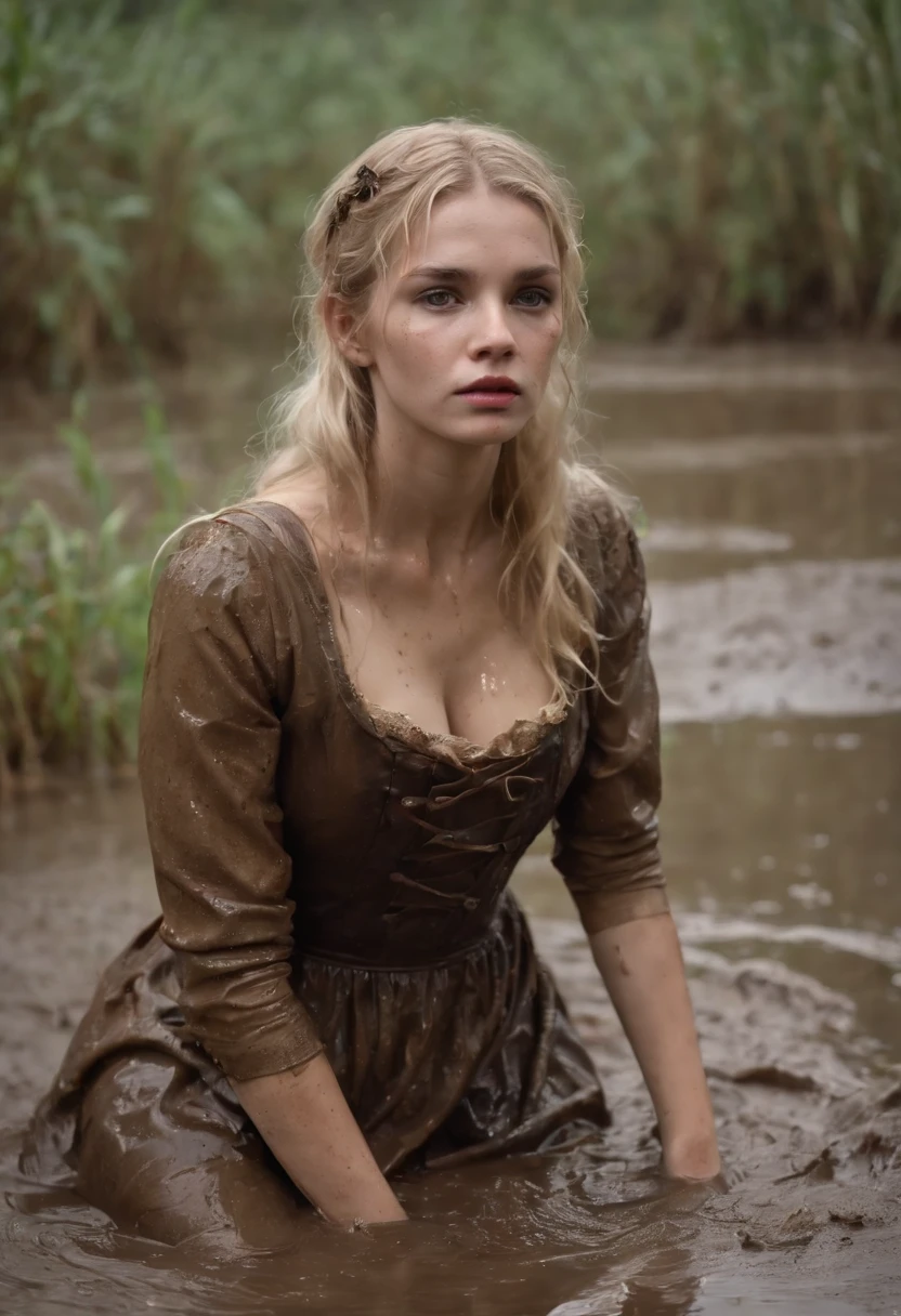 a beaten, wet, mud-covered blond little lolita in a completely dirty dress and tights crawls through a dirty deep swamp in the rain, her dress is riddled with mud.