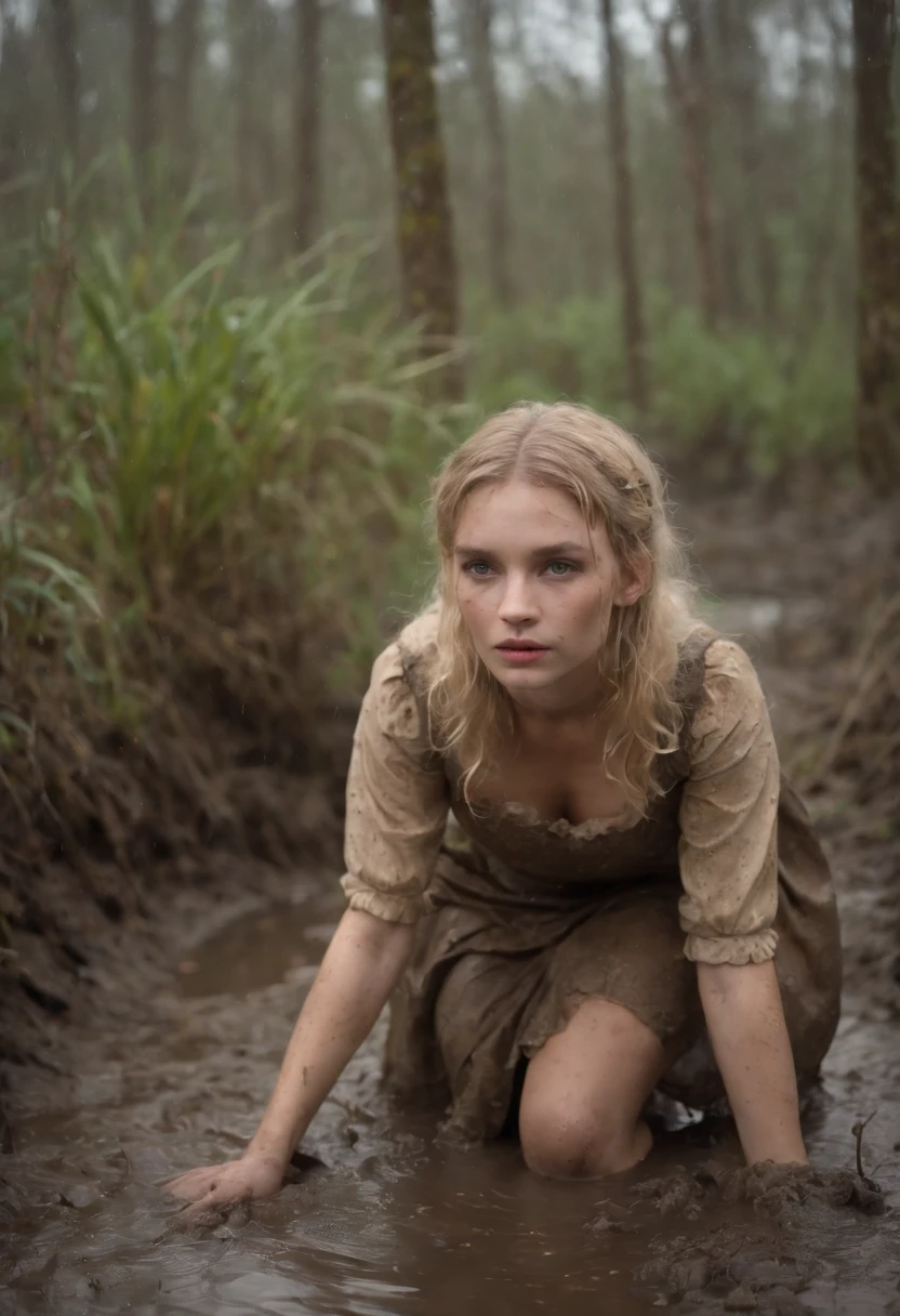 a beaten, wet, mud-covered blond little lolita in a completely dirty dress and tights crawls through a dirty deep swamp in the rain, her dress is riddled with mud.