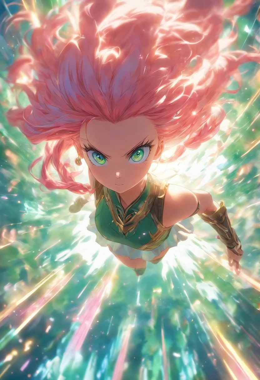 foreshortening, Depth of field, Master Part, Best Quality, 1girl, pink hair, bluish-green eyes, mid length hair, floating,Pink Rays, Odin, looking a viewer,Pink Dress, flying, Dim sunlight,