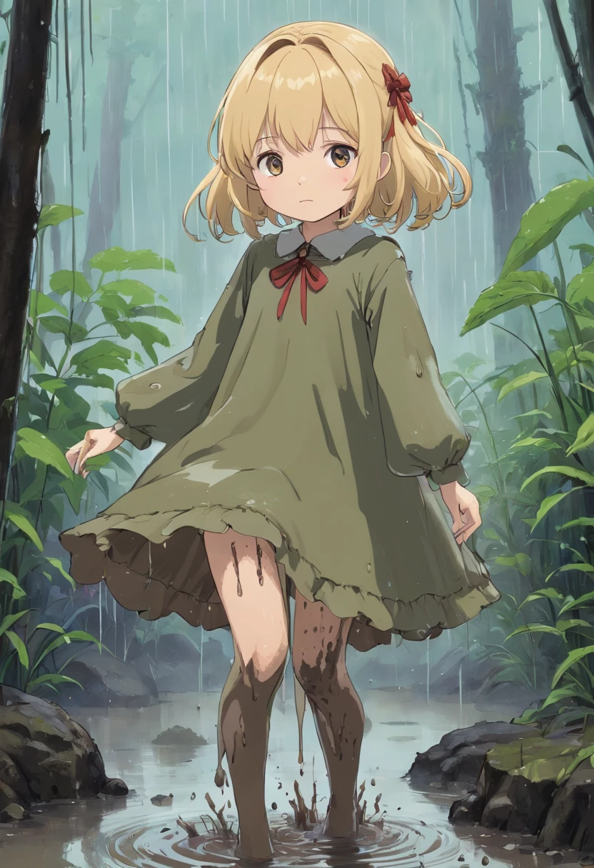 a beaten, wet, mud-covered blond little ta in a completely dirty dress and tights crawls through a dirty deep swamp in the rain, her dress is riddled with mud.