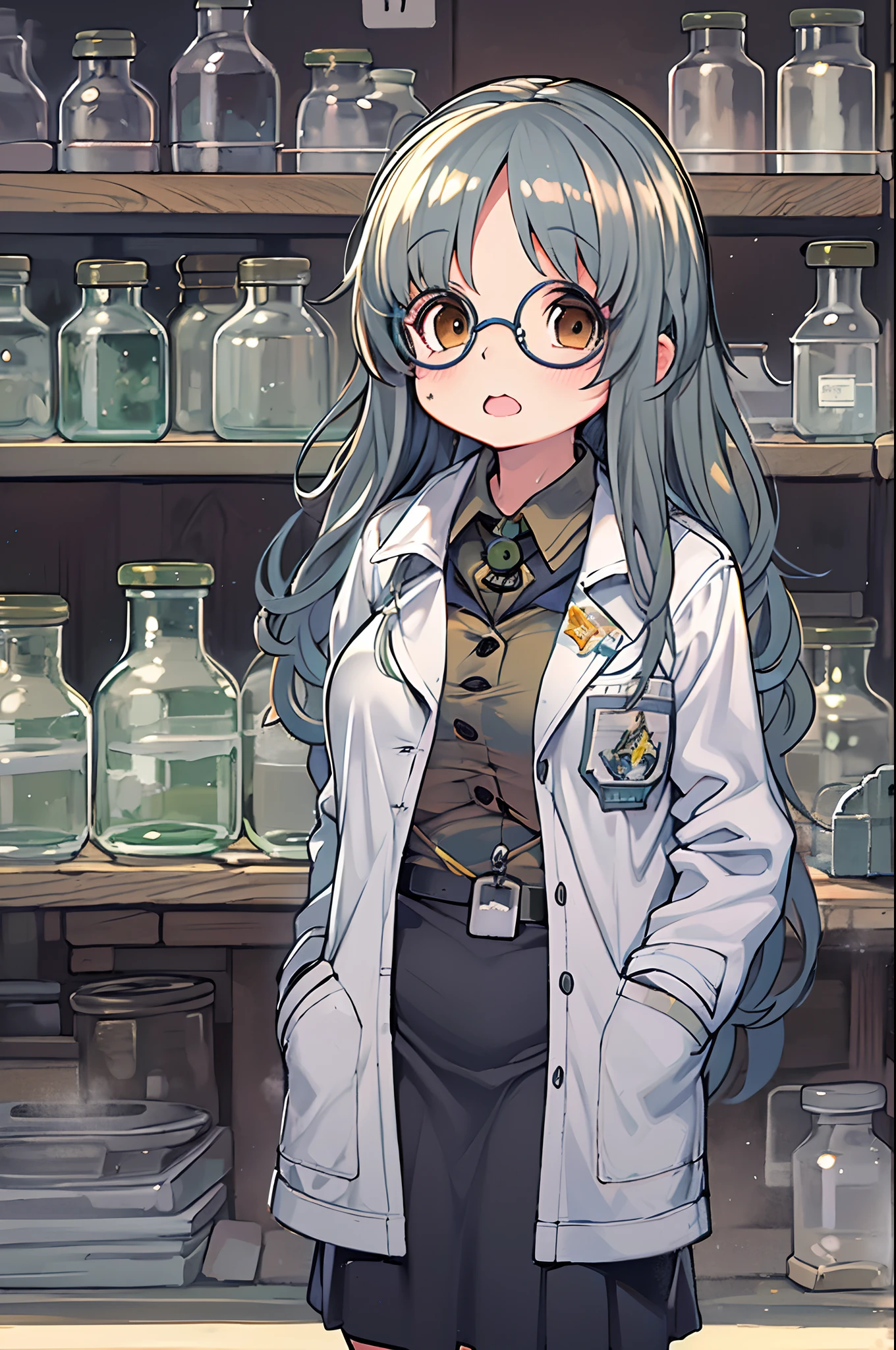 Chemical Fiction,flask ,Woman,,28 years old,Zito-order,Brown eyes,Long hairstyle,Unkempt hair、White-gray on black hair,Scientist uniform,White researcher coat,Open Meadow,lab room、stoop、big round glasses、with hands in pockets、huge-breasted、Chibi